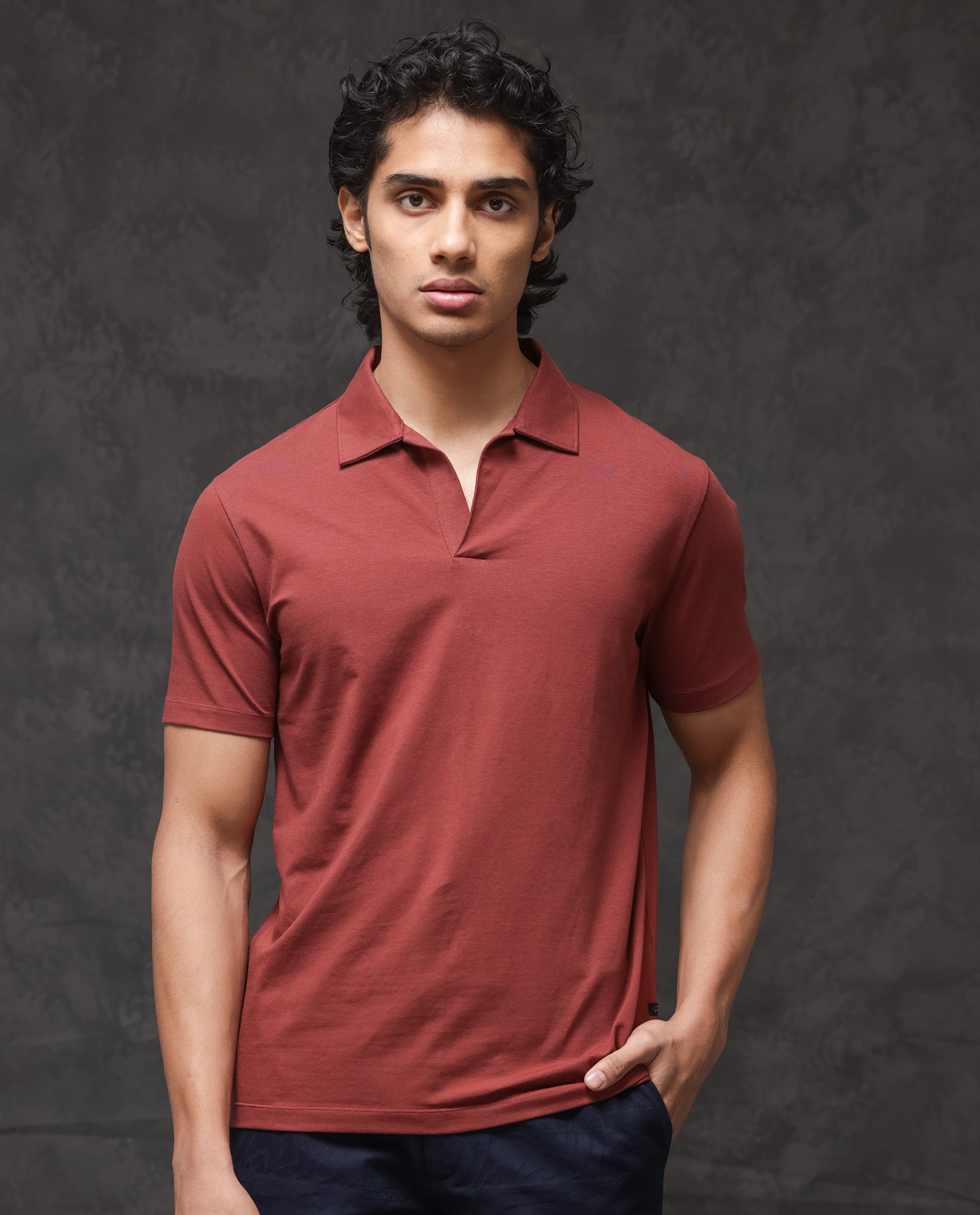 Rare Rabbit Mens Krib-2 Dusky Maroon Cotton Lycra Fabric Johnny Collar Half Sleeves Polo T-Shirt