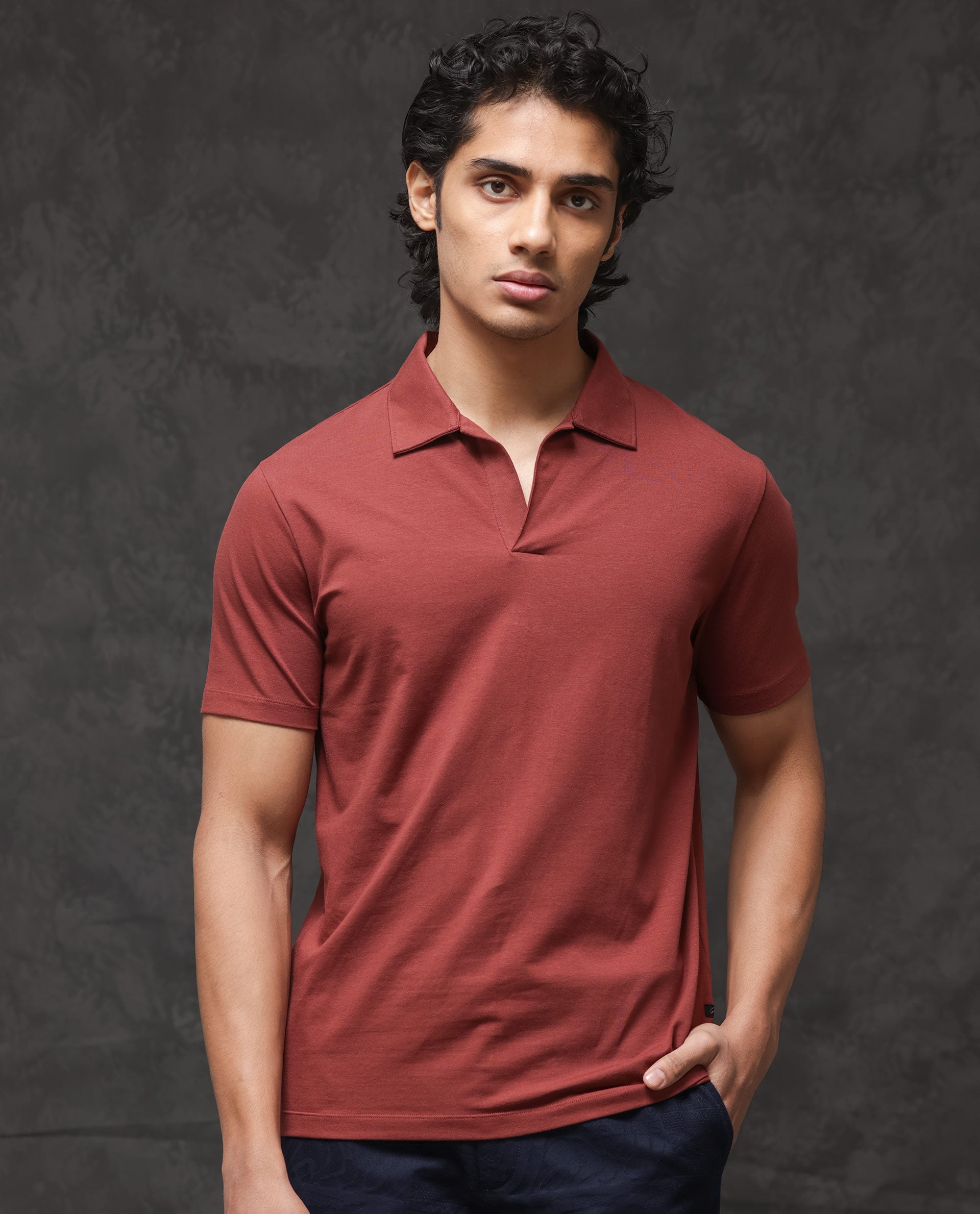 Rare Rabbit Mens Krib-2 Dusky Maroon Cotton Lycra Fabric Johnny Collar Half Sleeves Polo T-Shirt