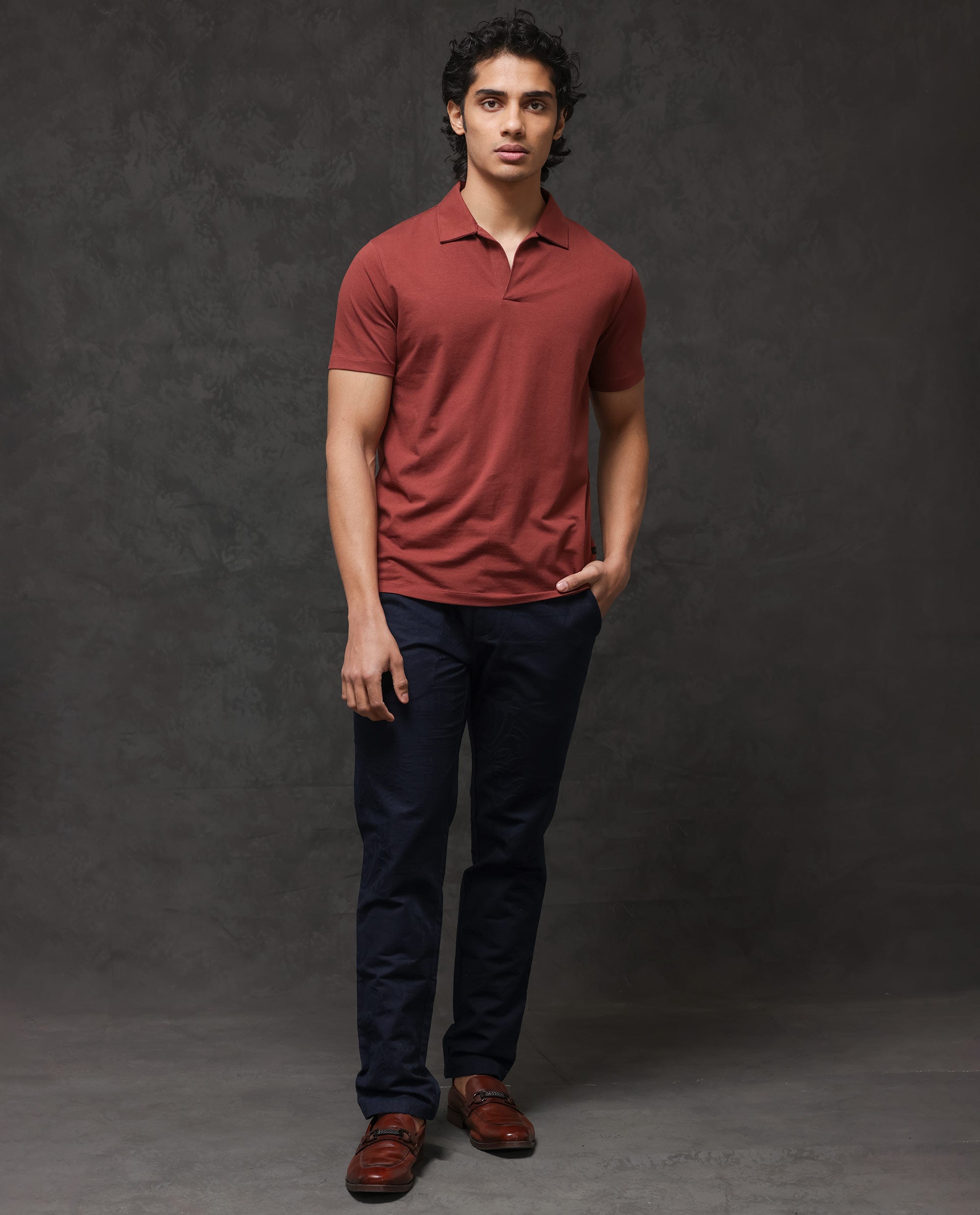 Rare Rabbit Mens Krib-2 Dusky Maroon Cotton Lycra Fabric Johnny Collar Half Sleeves Polo T-Shirt