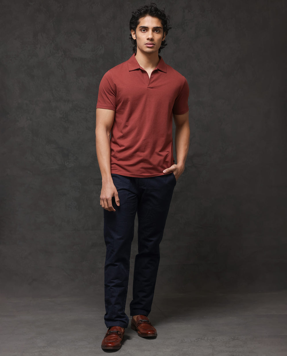 Rare Rabbit Men Mais Black Cotton Lycra Fabric Short Sleeve Button Closure Plain Knitted Polo T-Shirt