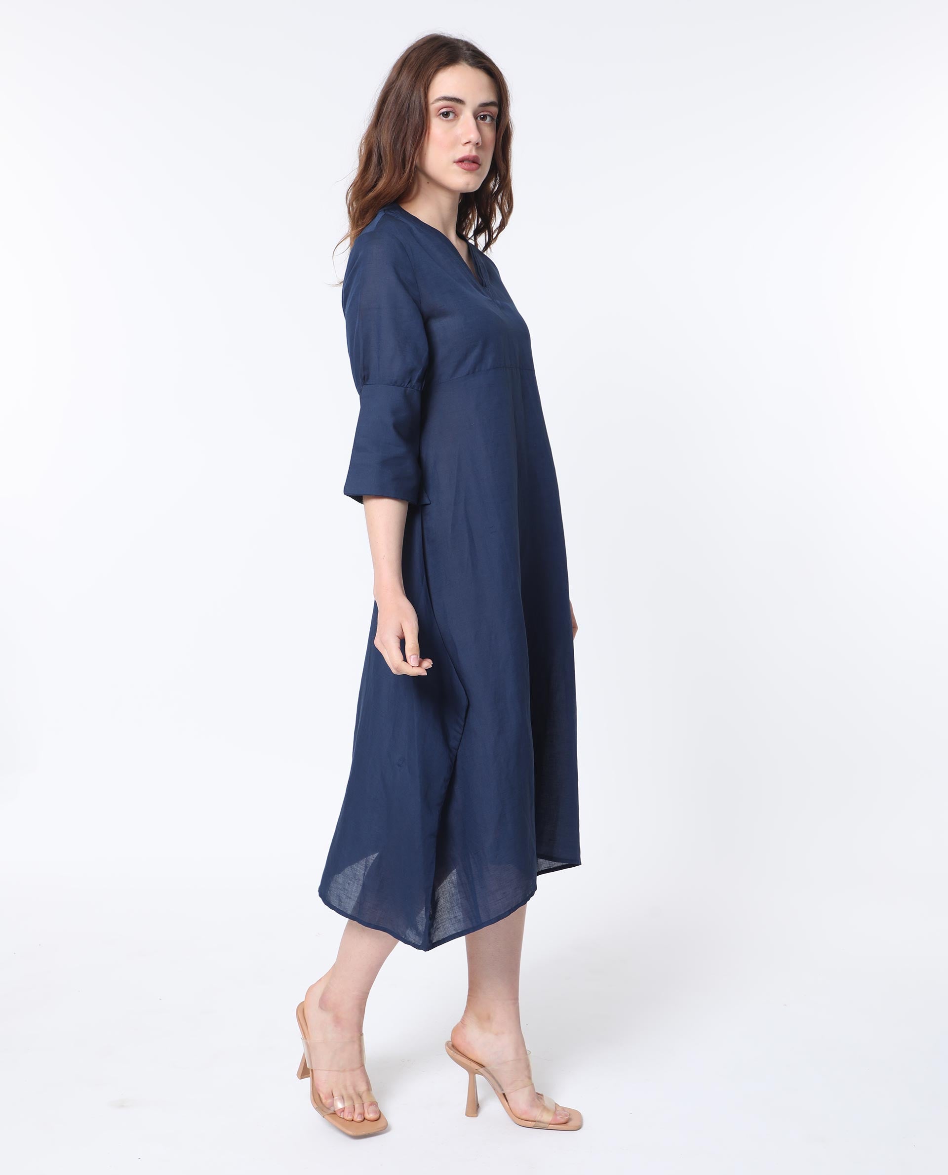 Rareism Women Krick Navy Modal Linen Fabric 3/4Th Sleeves V-Neck Relaxed Fit Plain Midi Asymmetric Dress