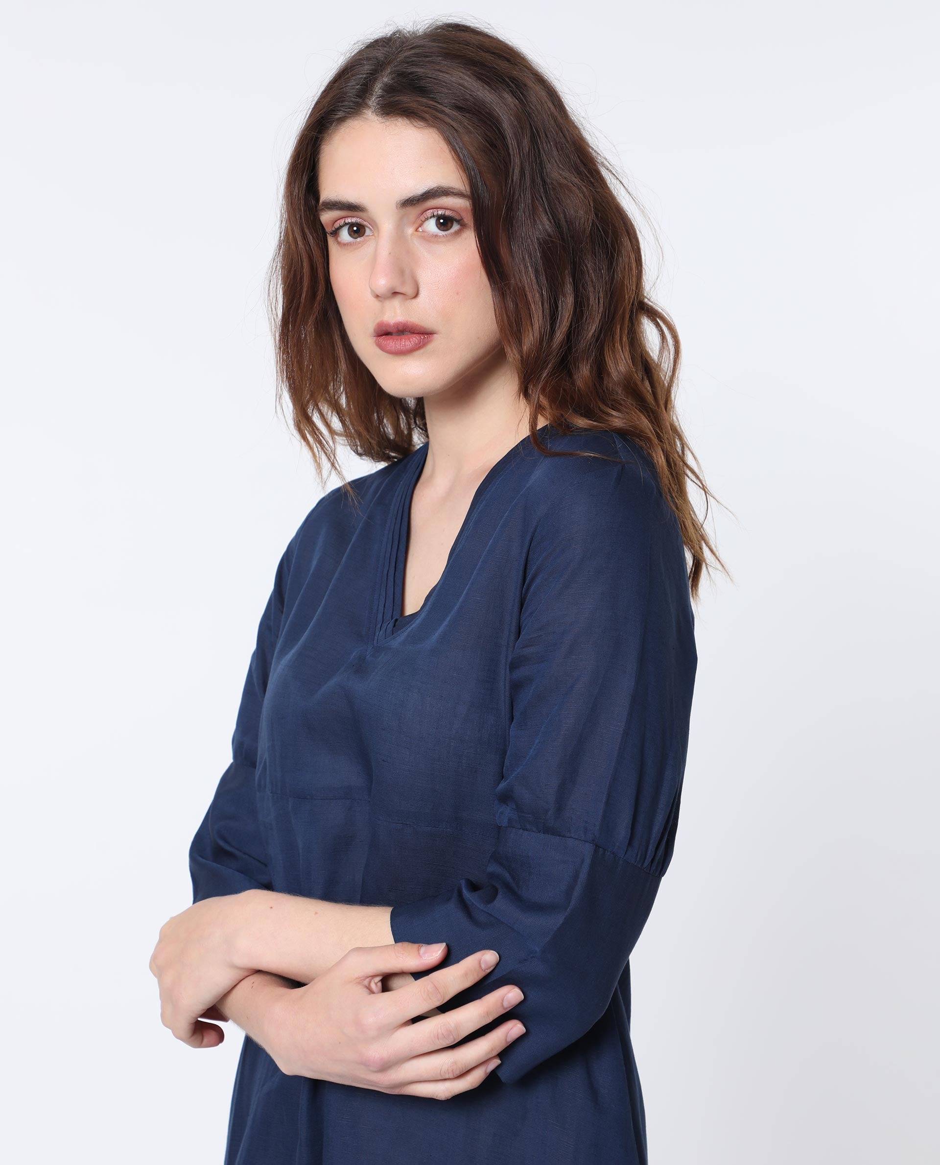 Rareism Women Krick Navy Modal Linen Fabric 3/4Th Sleeves V-Neck Relaxed Fit Plain Midi Asymmetric Dress