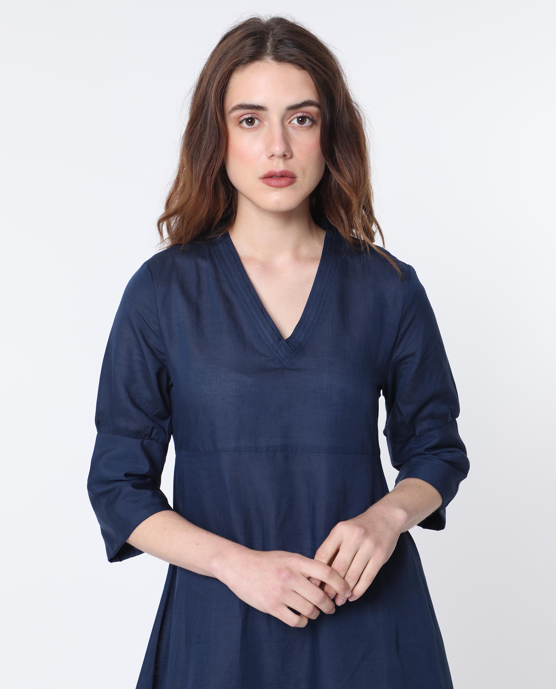 Rareism Women Krick Navy Modal Linen Fabric 3/4Th Sleeves V-Neck Relaxed Fit Plain Midi Asymmetric Dress