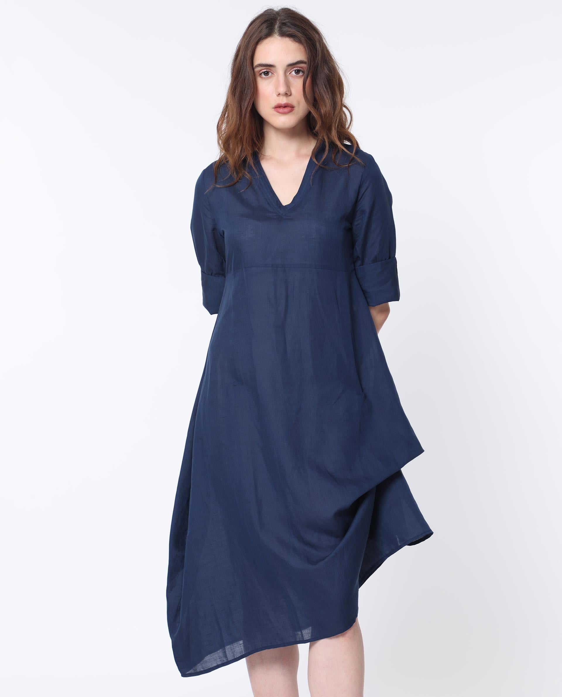 Rareism Women Krick Navy Modal Linen Fabric 3/4Th Sleeves V-Neck Relaxed Fit Plain Midi Asymmetric Dress
