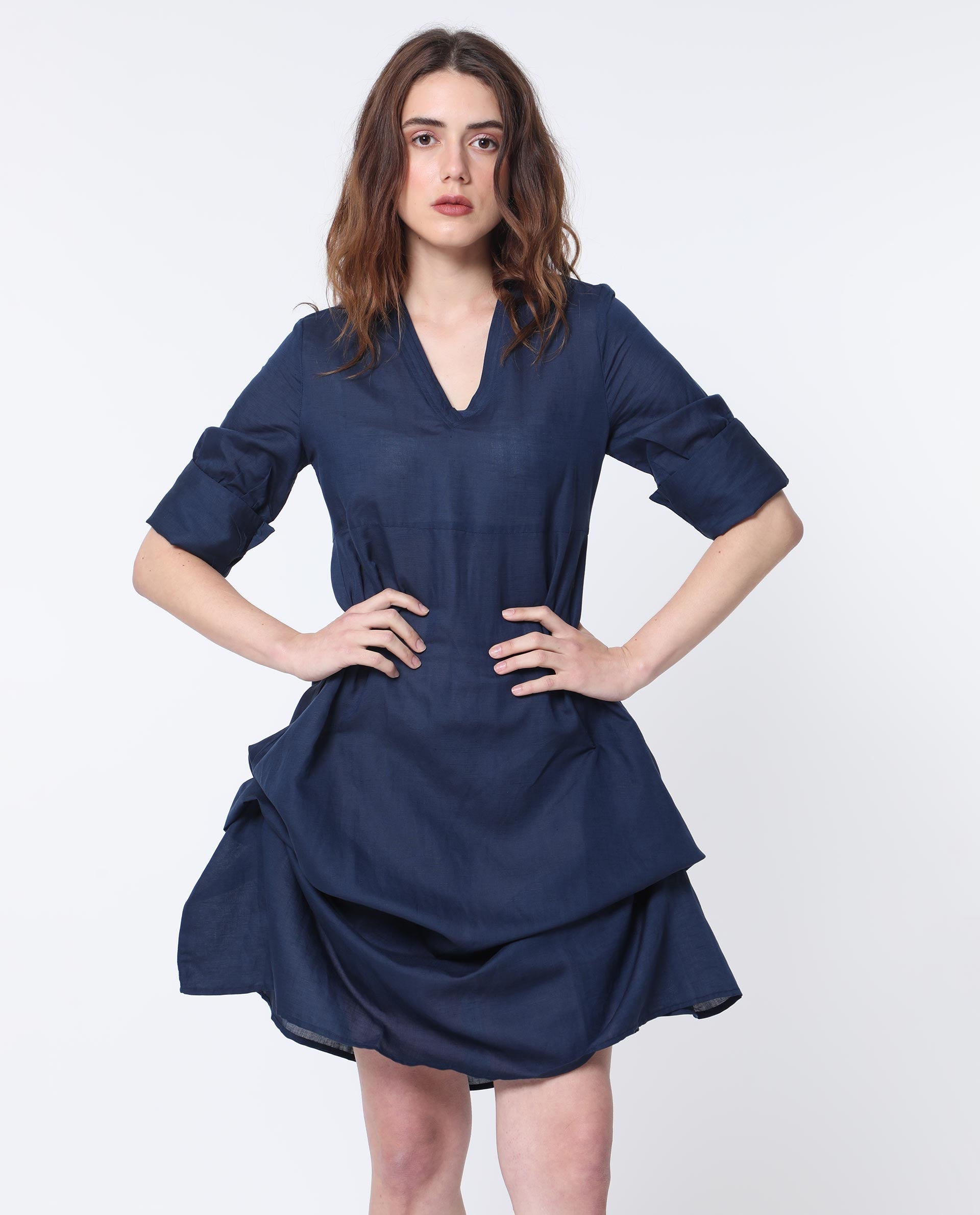 Rareism Women Krick Navy Modal Linen Fabric 3/4Th Sleeves V-Neck Relaxed Fit Plain Midi Asymmetric Dress