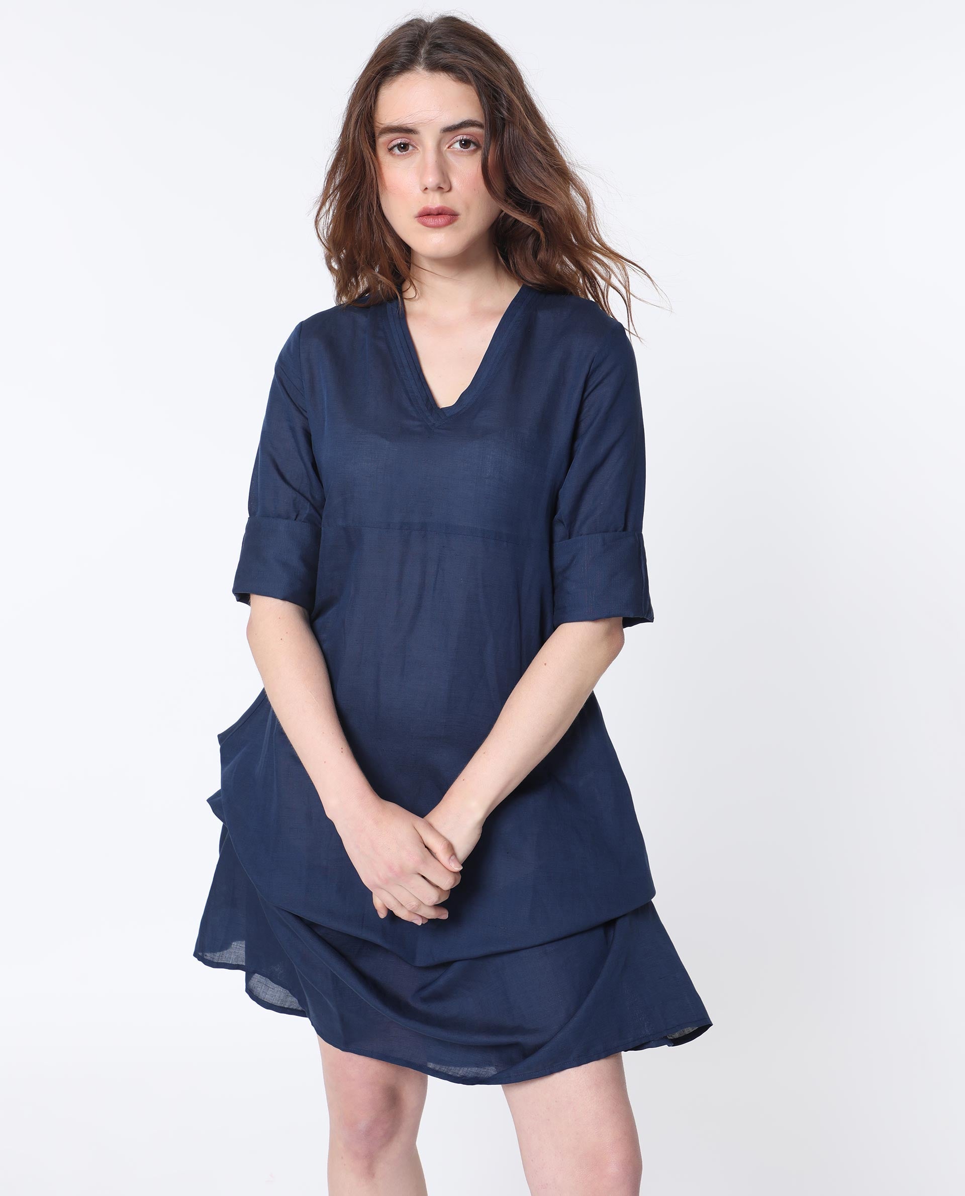 Rareism Women Krick Navy Modal Linen Fabric 3/4Th Sleeves V-Neck Relaxed Fit Plain Midi Asymmetric Dress