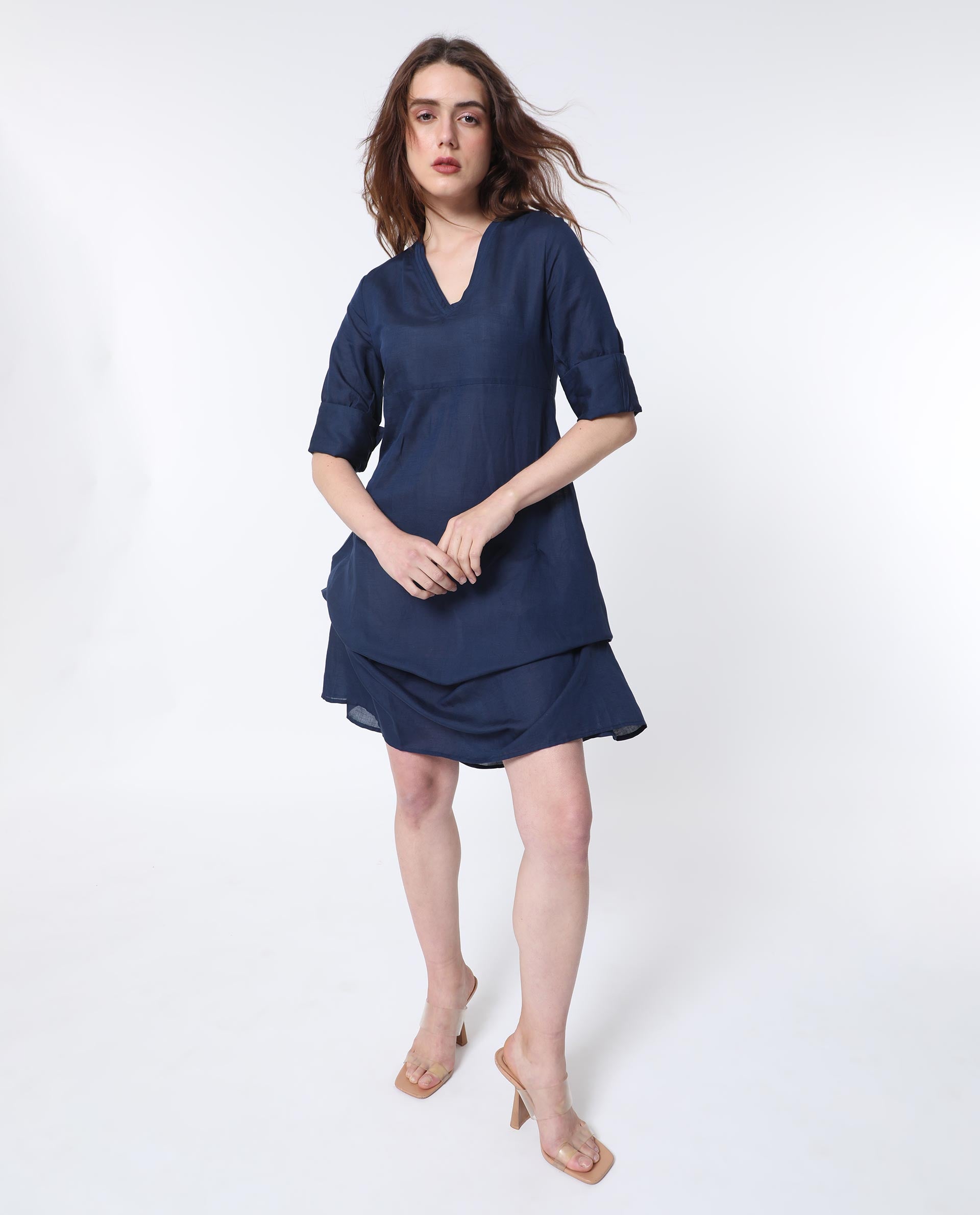 Rareism Women Krick Navy Modal Linen Fabric 3/4Th Sleeves V-Neck Relaxed Fit Plain Midi Asymmetric Dress
