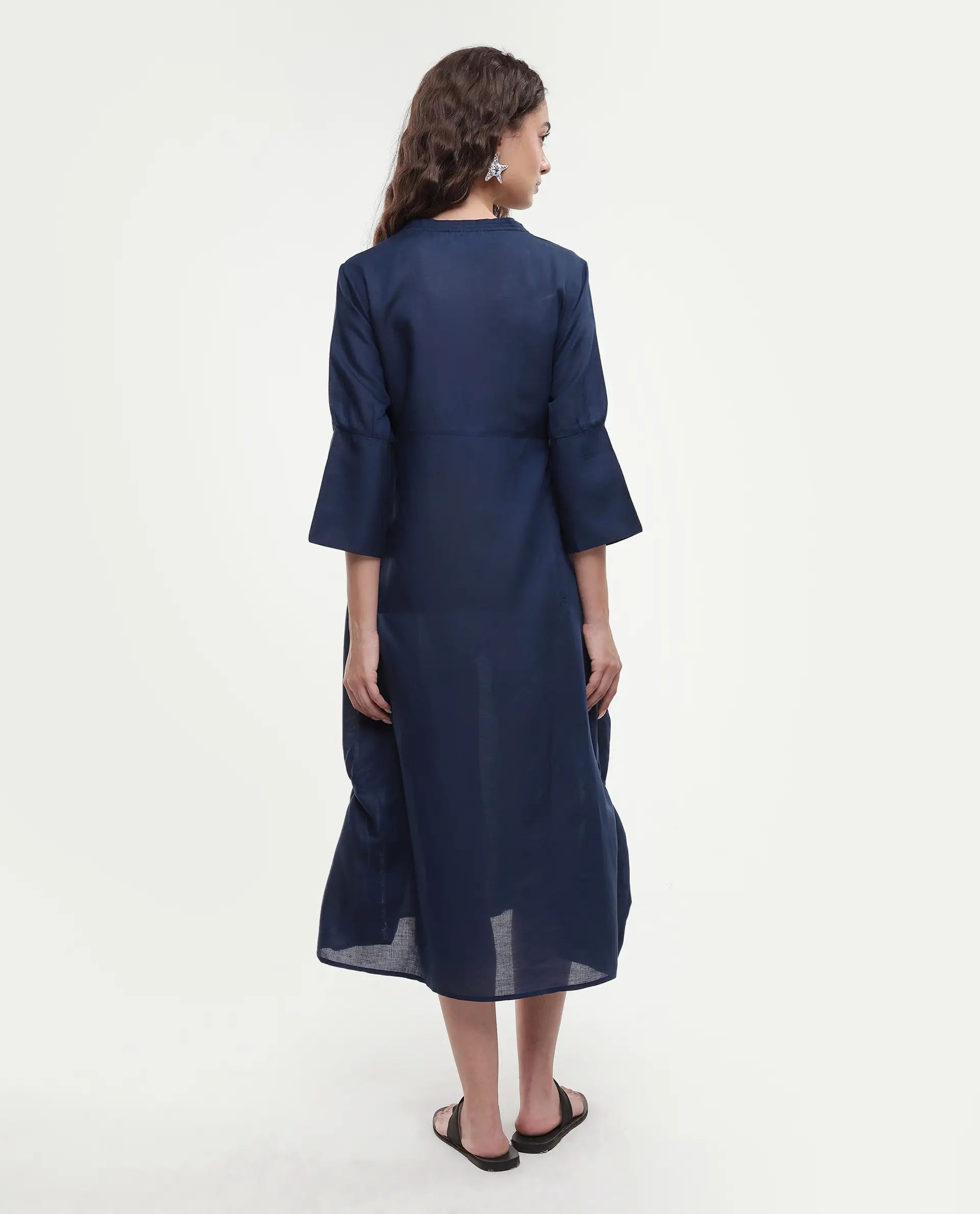 Rareism Women's Krick Navy Linen Blend V-Neck Plain Midi Relaxed Fit Dress
