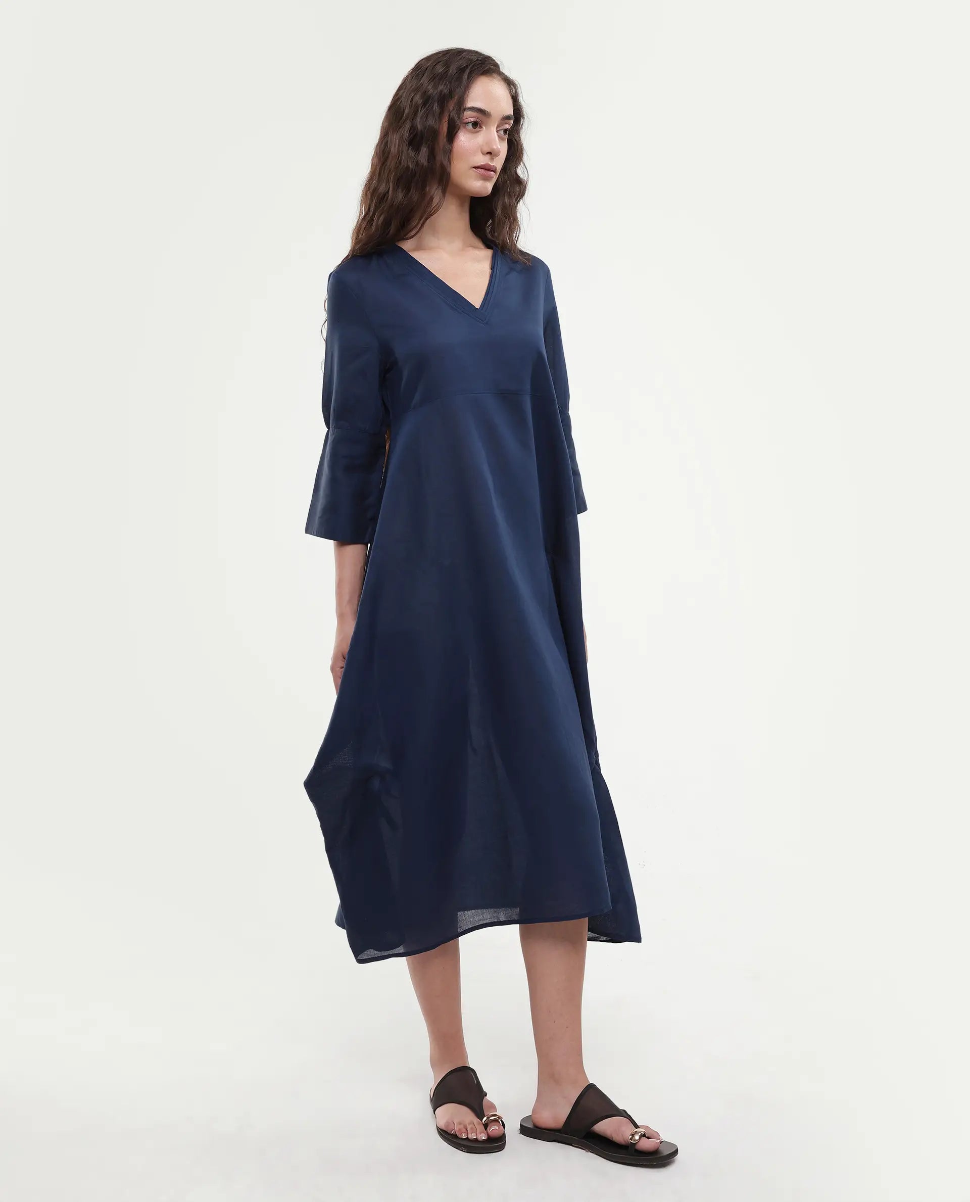 Rareism Women's Krick Navy Linen Blend V-Neck Plain Midi Relaxed Fit Dress