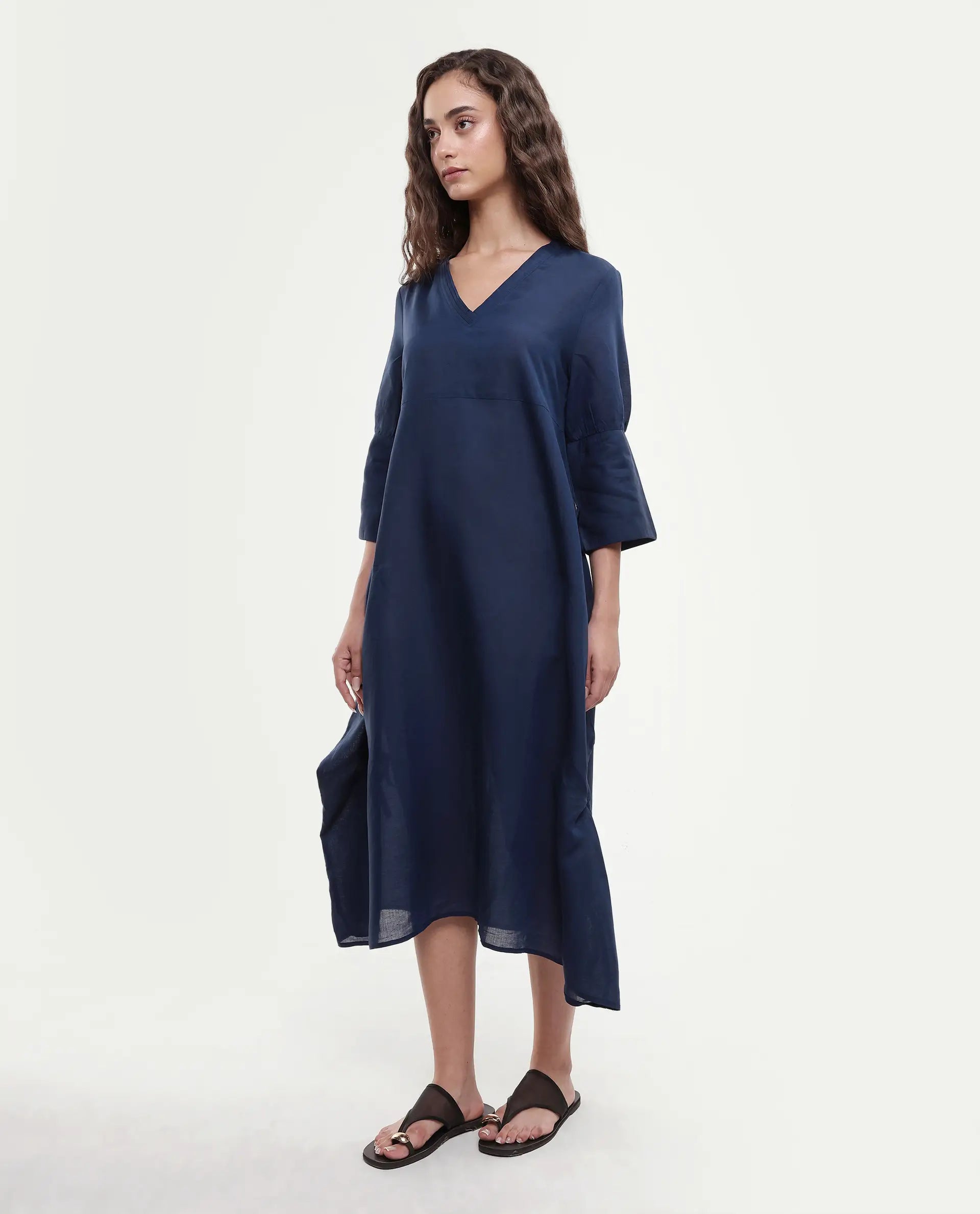 Rareism Women's Krick Navy Linen Blend V-Neck Plain Midi Relaxed Fit Dress