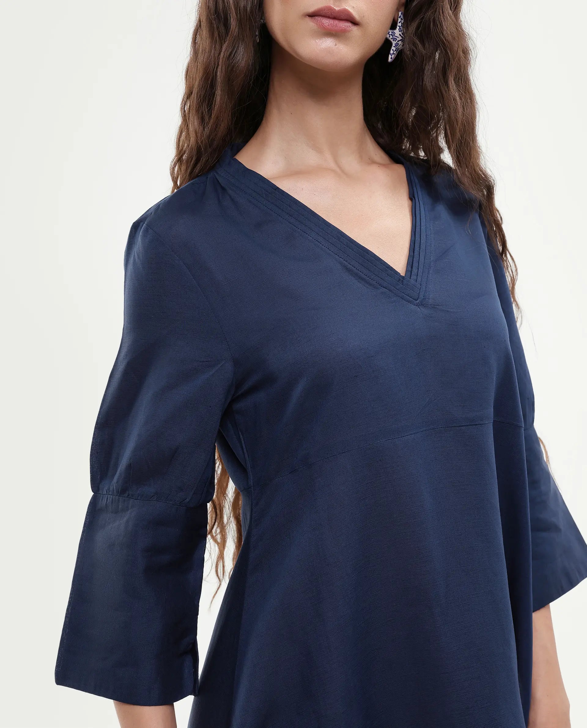 Rareism Women's Krick Navy Linen Blend V-Neck Plain Midi Relaxed Fit Dress