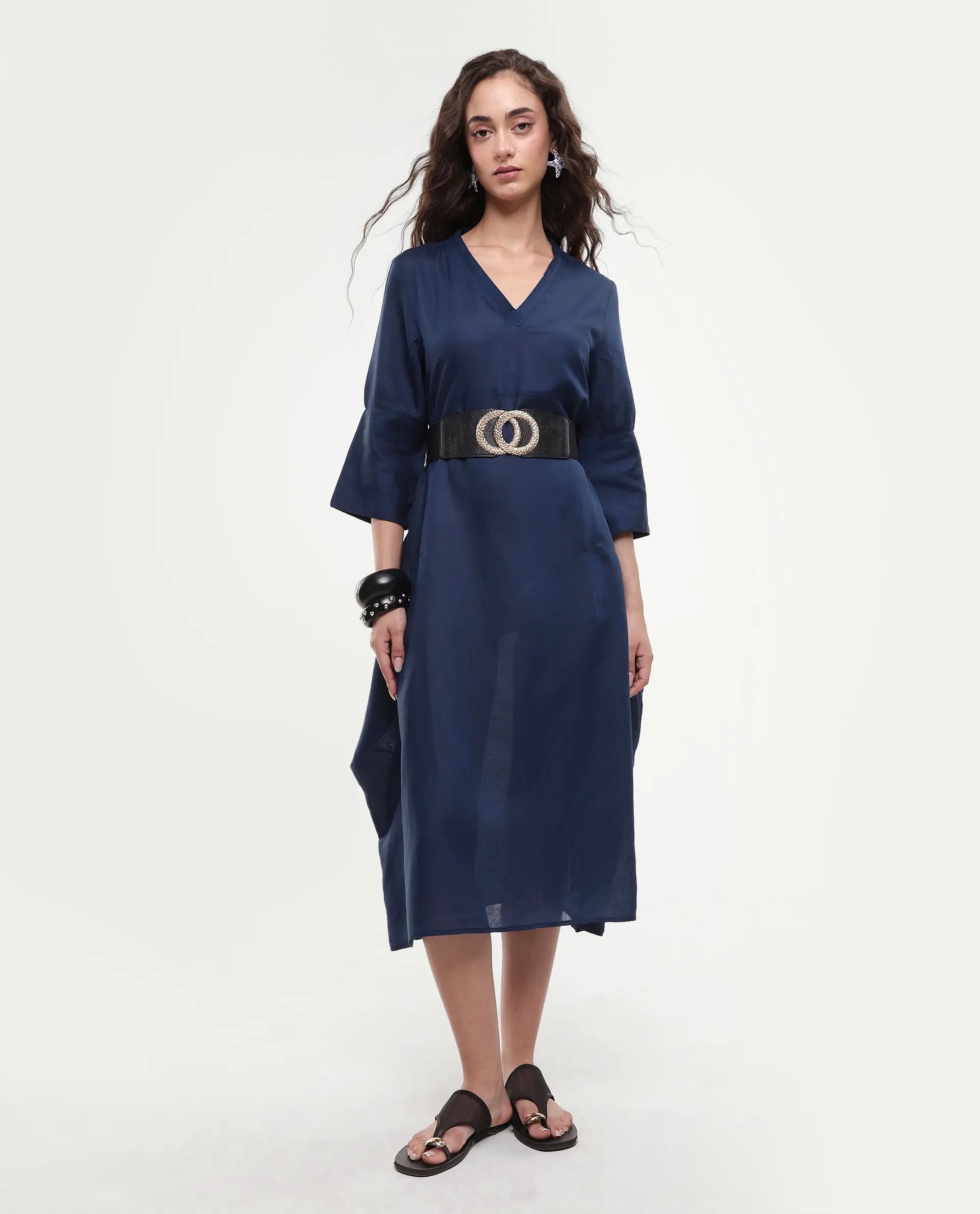Rareism Women's Krick Navy Linen Blend V-Neck Plain Midi Relaxed Fit Dress