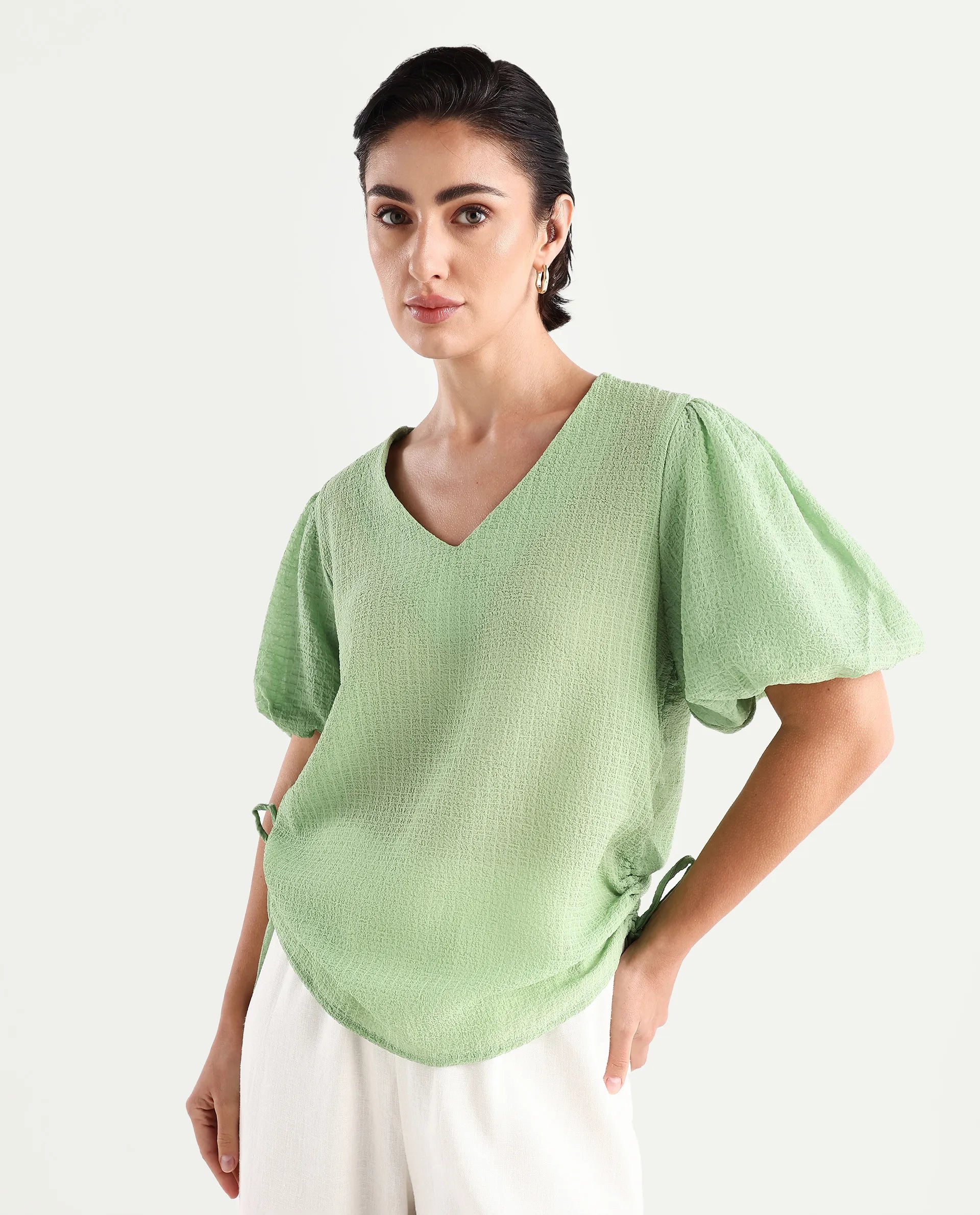Rareism Women's Krien Light Green Polyester V-Neck Plain Balloon Sleeve Regular Fit Top