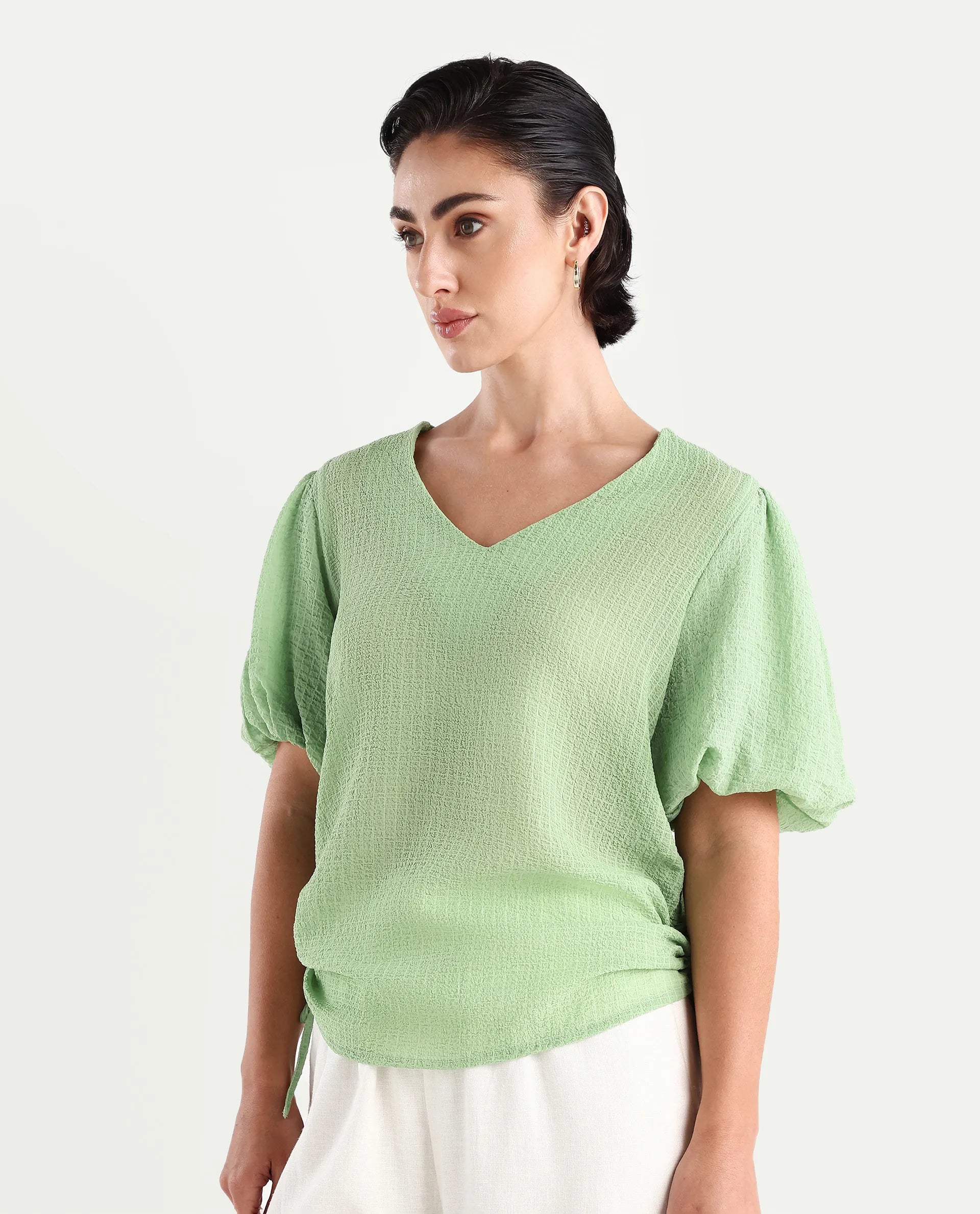 Rareism Women's Krien Light Green Polyester V-Neck Plain Balloon Sleeve Regular Fit Top
