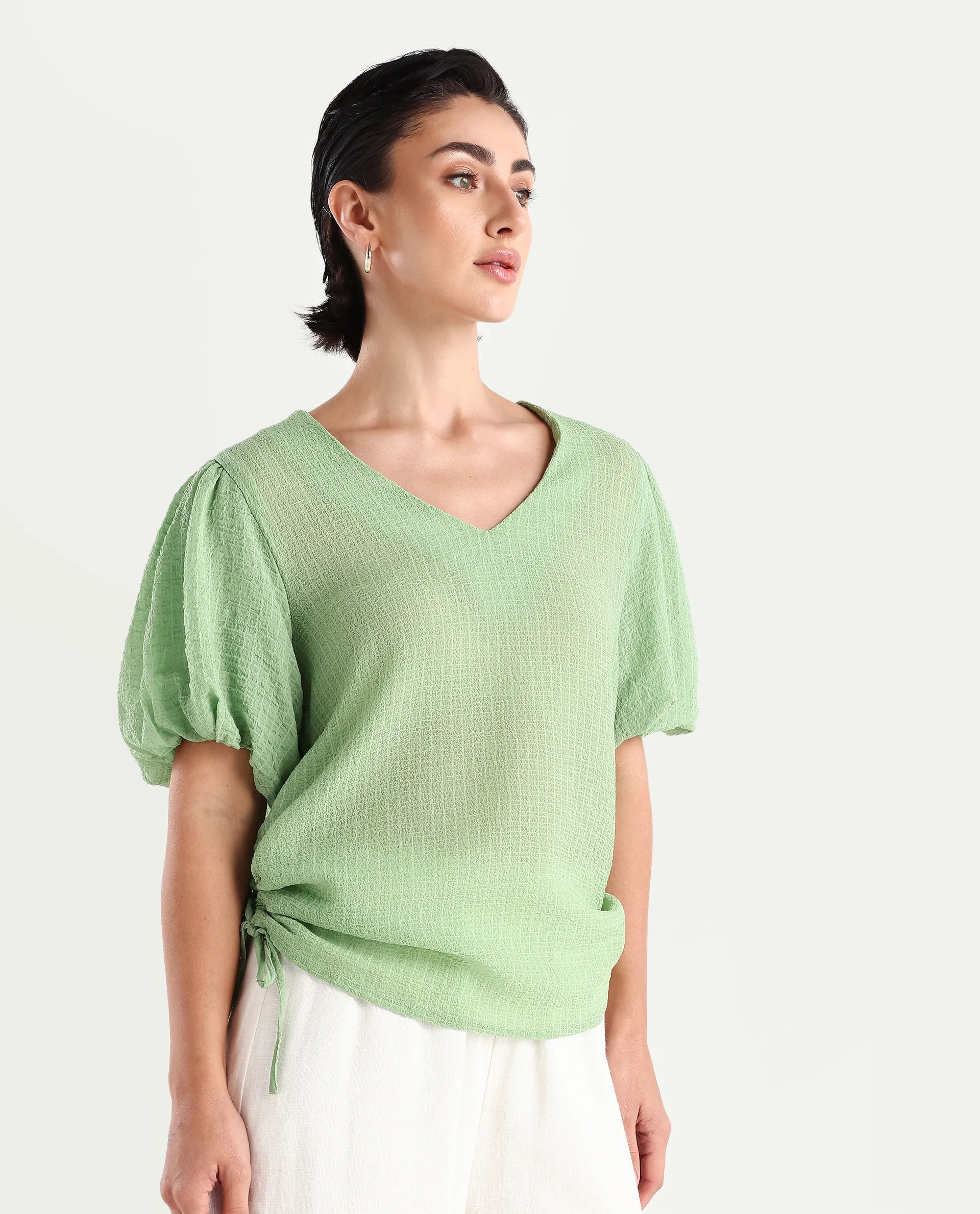 Rareism Women's Krien Light Green Polyester V-Neck Plain Balloon Sleeve Regular Fit Top