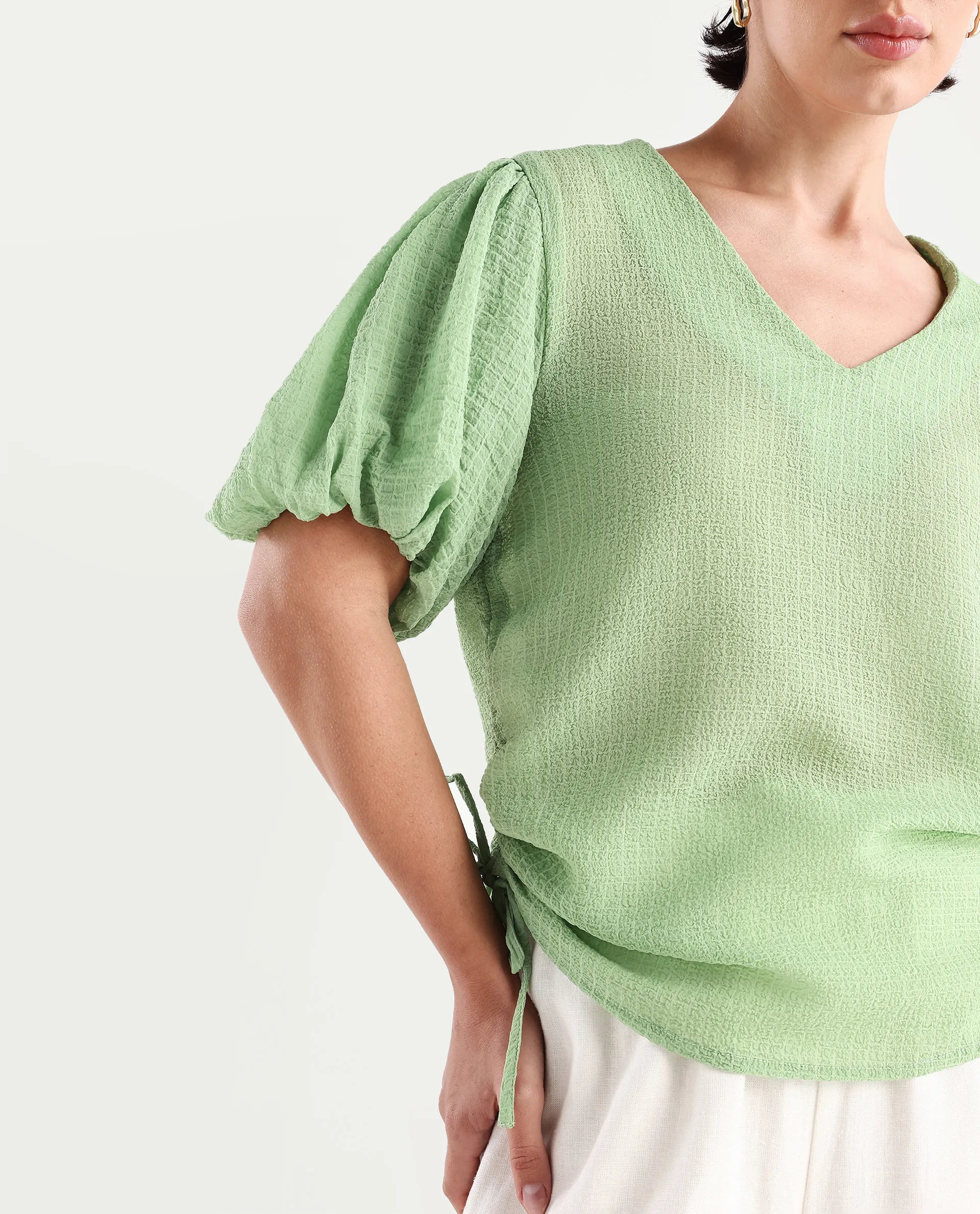 Rareism Women's Krien Light Green Polyester V-Neck Plain Balloon Sleeve Regular Fit Top