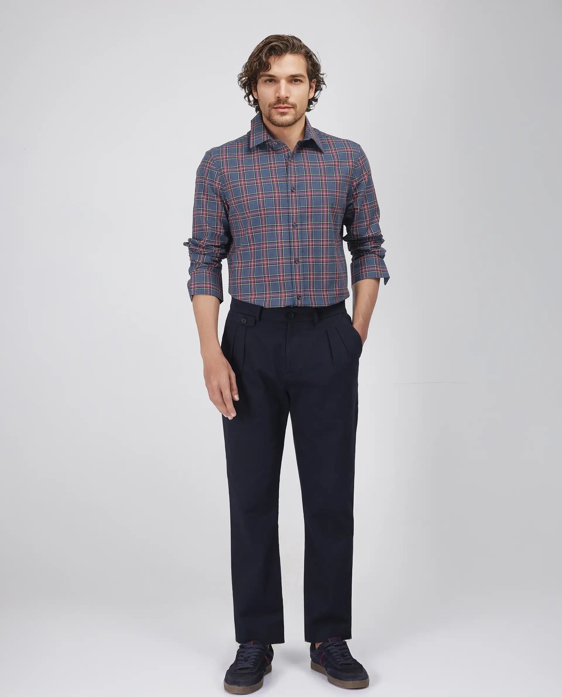 Rare Rabbit Men's Krob Dark Blue Cotton Fabric Full Sleeve Spread Collar Regular Fit Checked Shirt