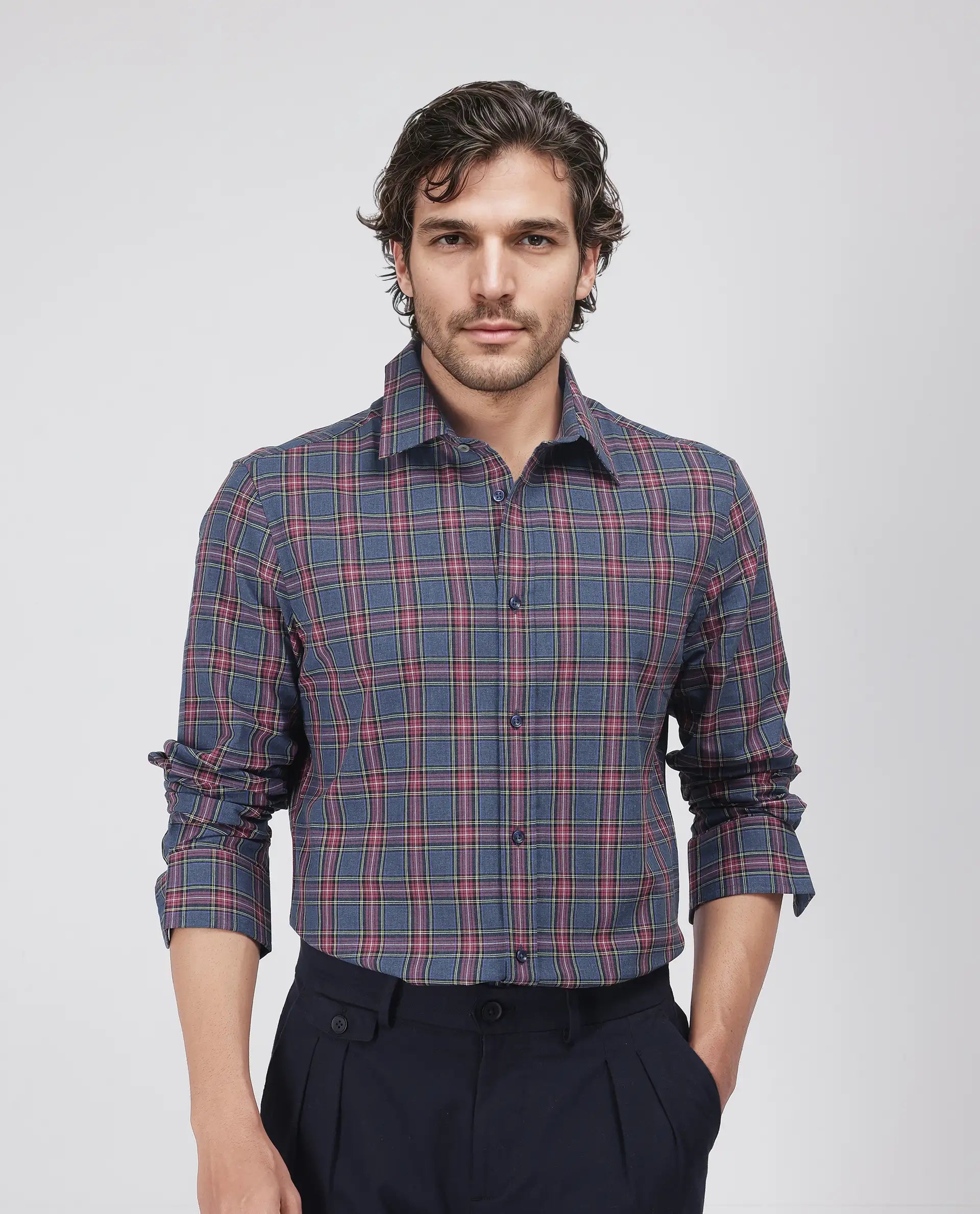 Rare Rabbit Men's Krob Dark Blue Cotton Fabric Full Sleeve Spread Collar Regular Fit Checked Shirt