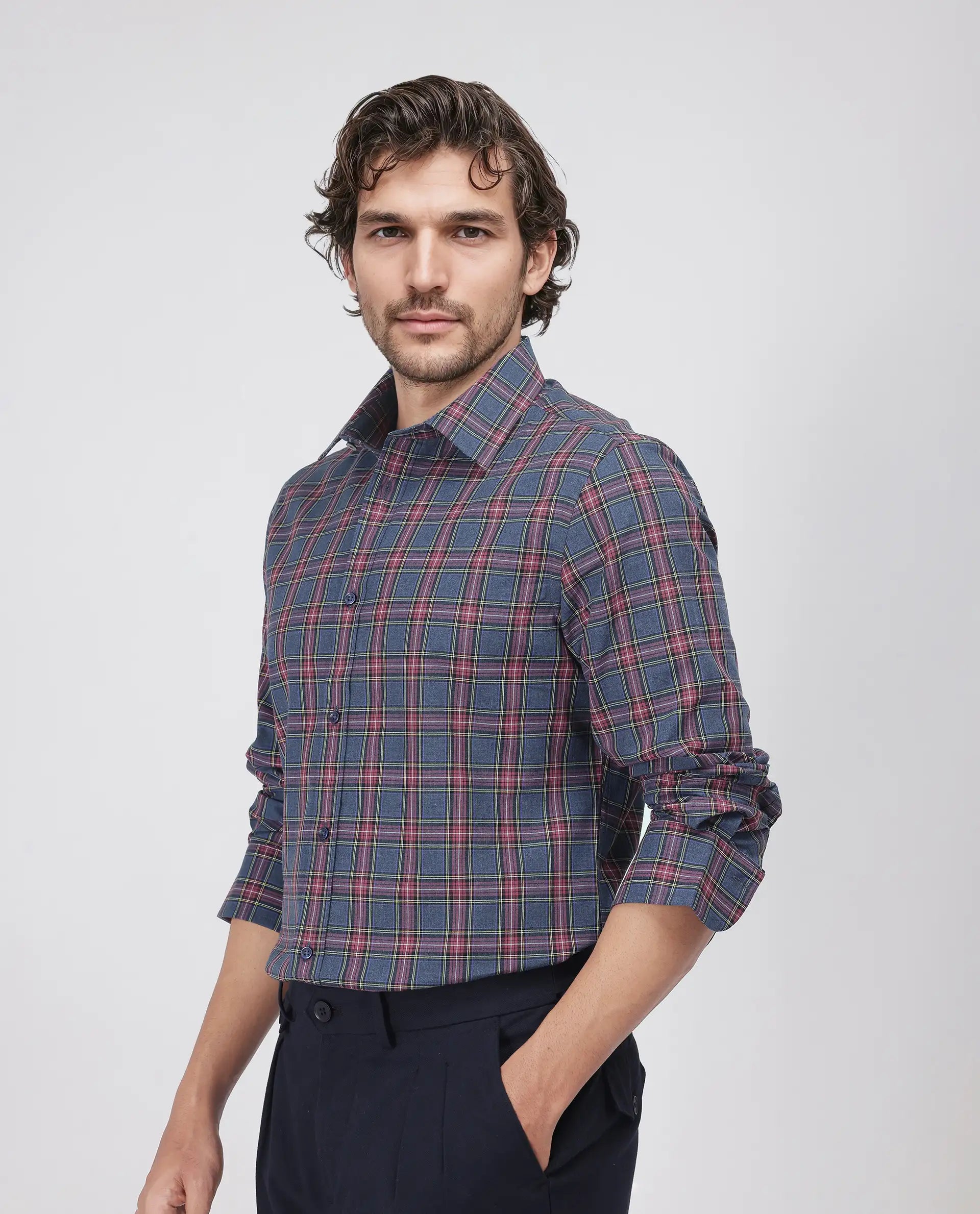 Rare Rabbit Men's Krob Dark Blue Cotton Fabric Full Sleeve Spread Collar Regular Fit Checked Shirt