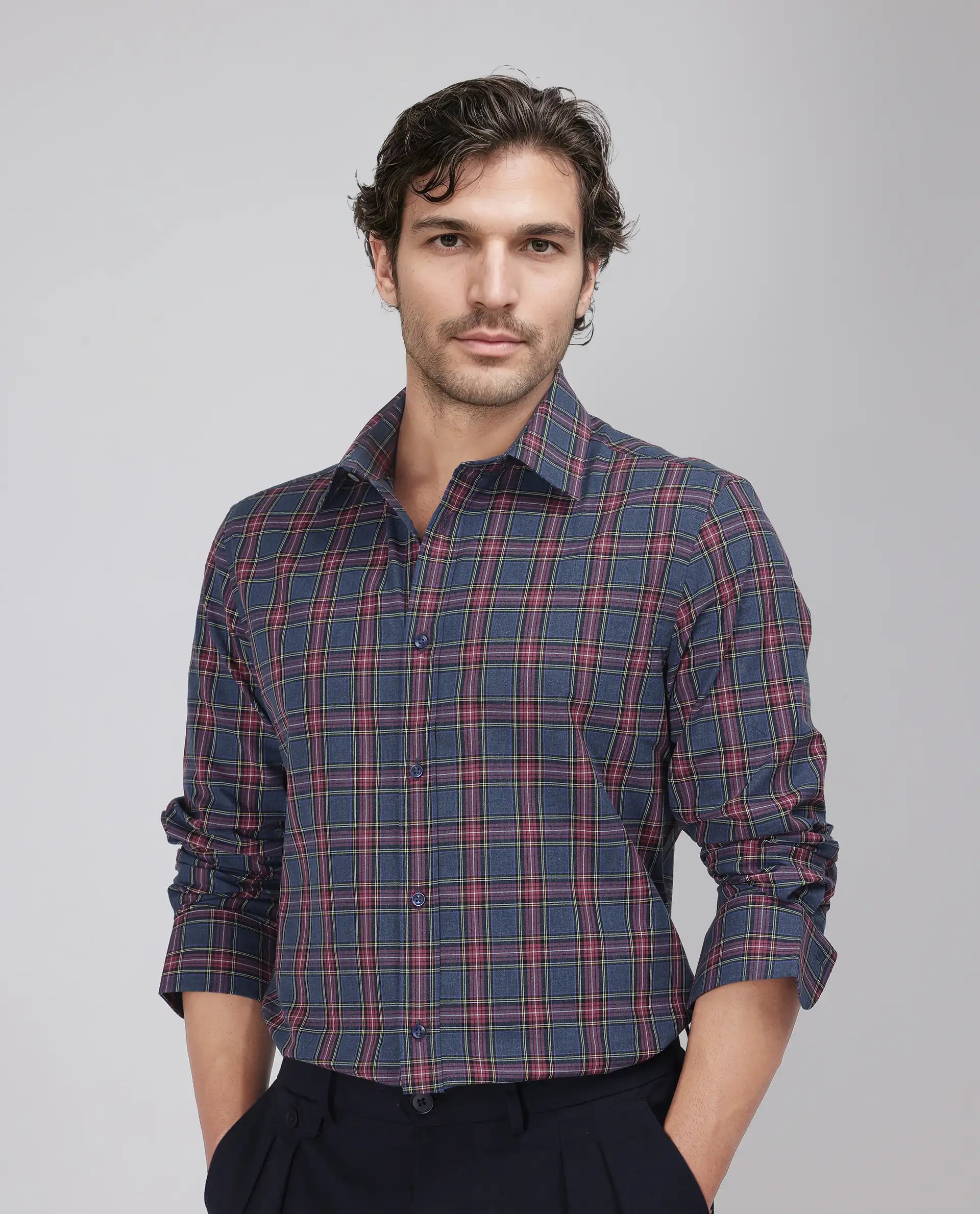 Rare Rabbit Men's Krob Dark Blue Cotton Fabric Full Sleeve Spread Collar Regular Fit Checked Shirt