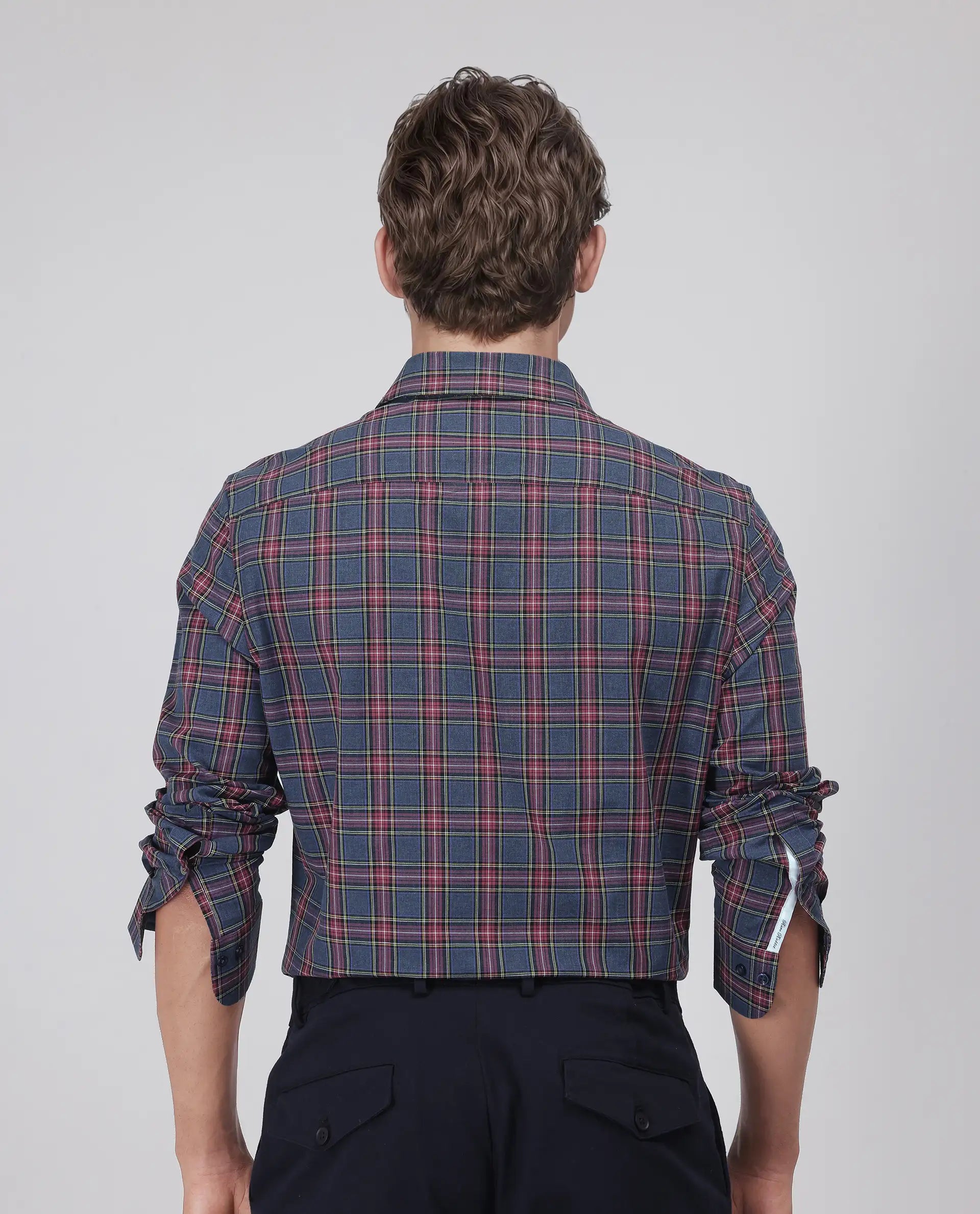 Rare Rabbit Men's Krob Dark Blue Cotton Fabric Full Sleeve Spread Collar Regular Fit Checked Shirt