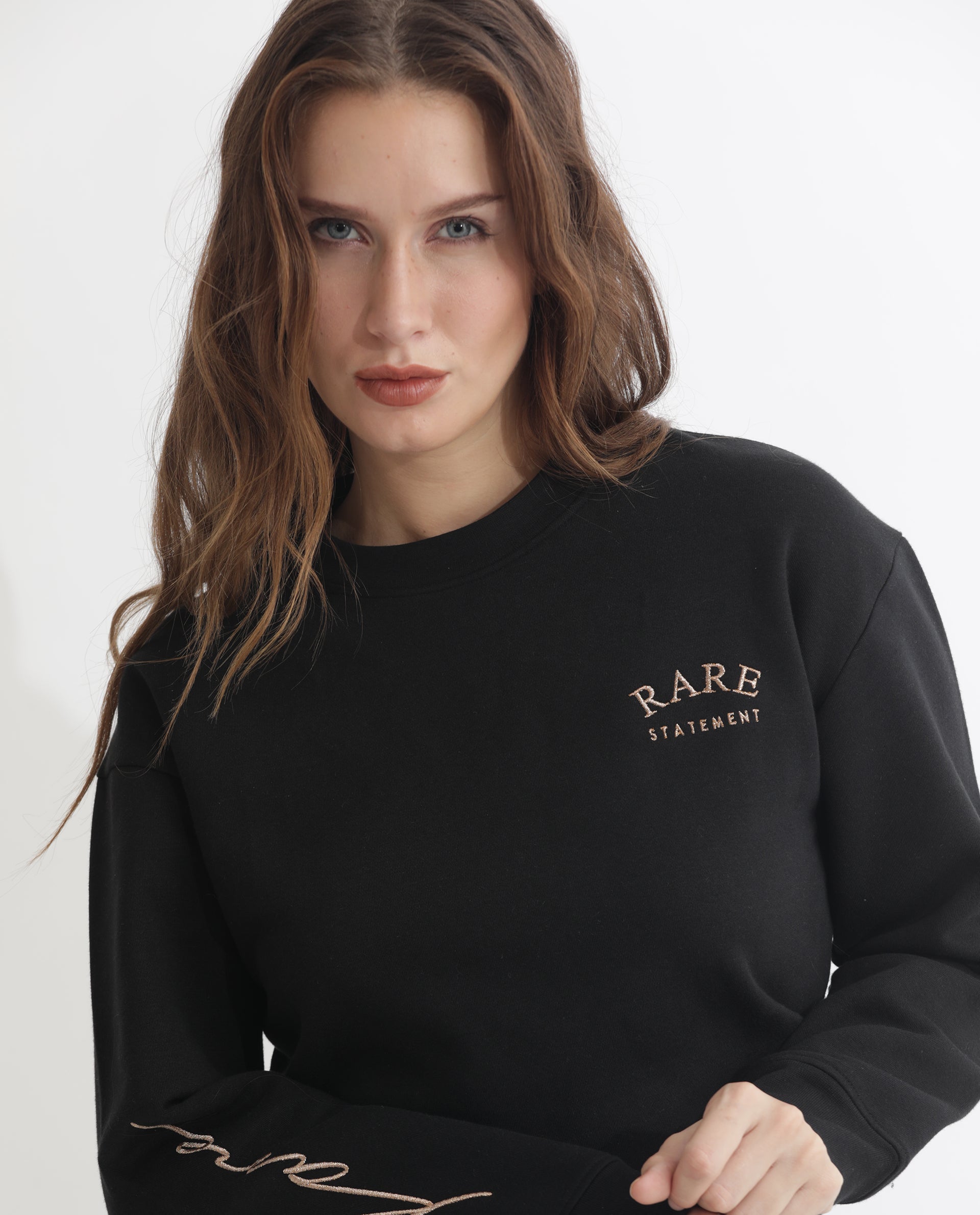 Rareism Women Krok Black Poly Cotton Fabric Regular Fit Full Sleeves Embroidered Round Neck Sweatshirt