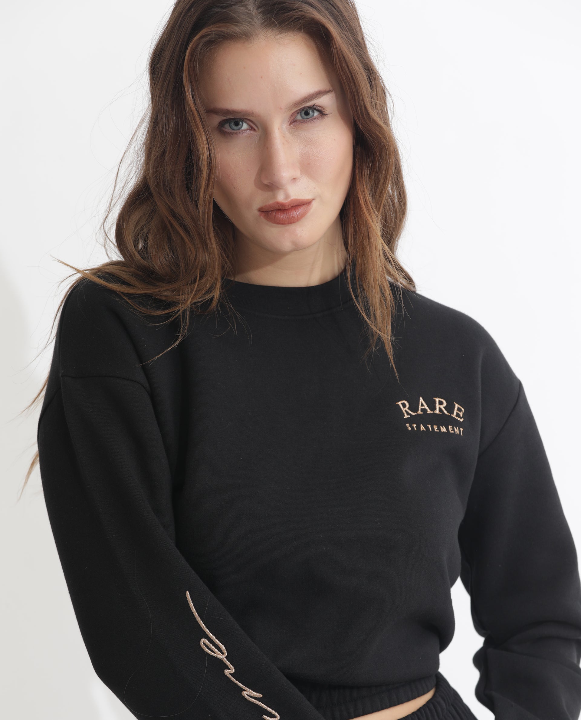 Rareism Women Krok Black Poly Cotton Fabric Regular Fit Full Sleeves Embroidered Round Neck Sweatshirt