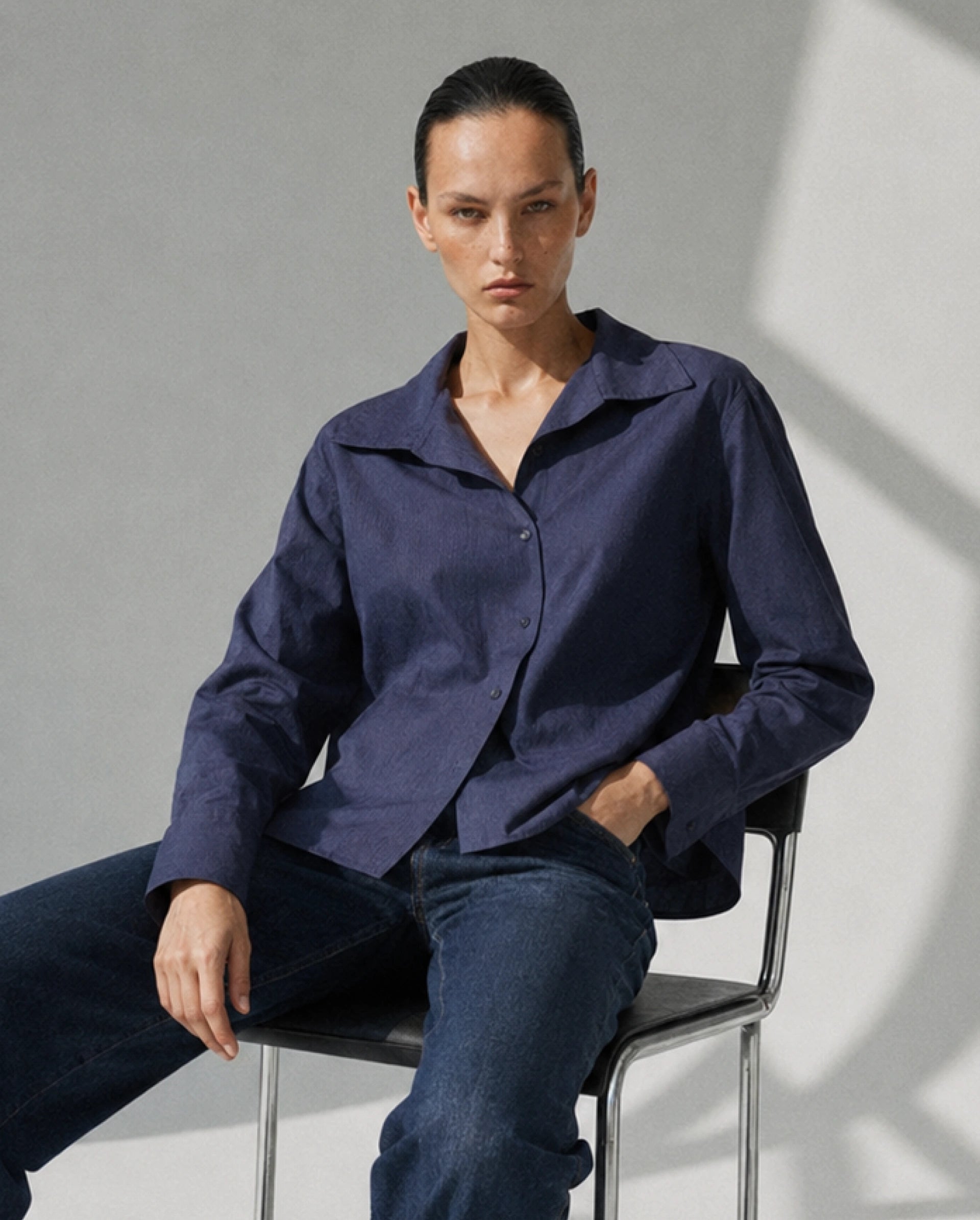 Rareism Women's Krome Blue Cotton Spread Collar Relaxed Striped Shirt