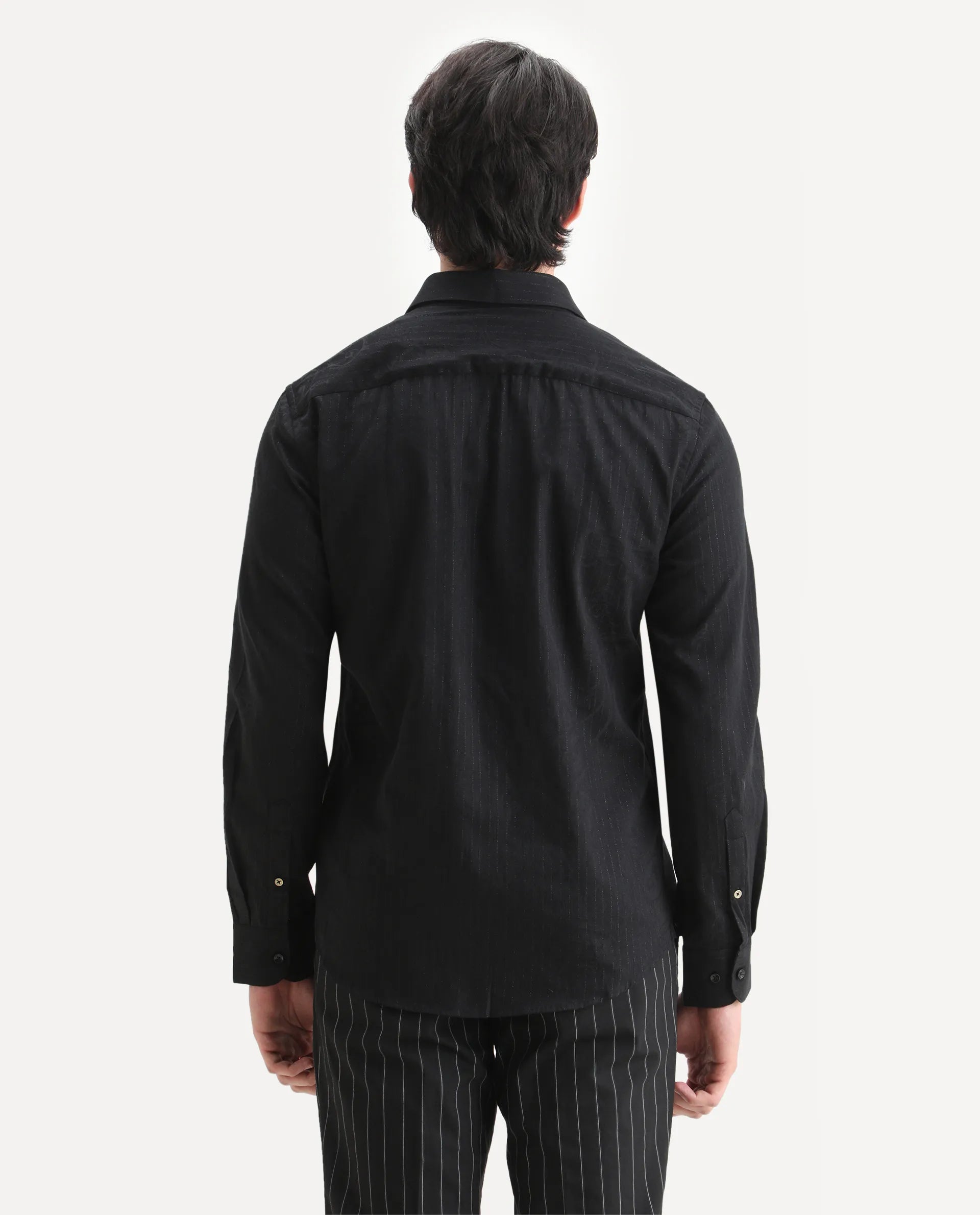 Rare Rabbit Men's Krud Black Cotton Blend Fabric Spread Collar Regular Fit Striped Shirt