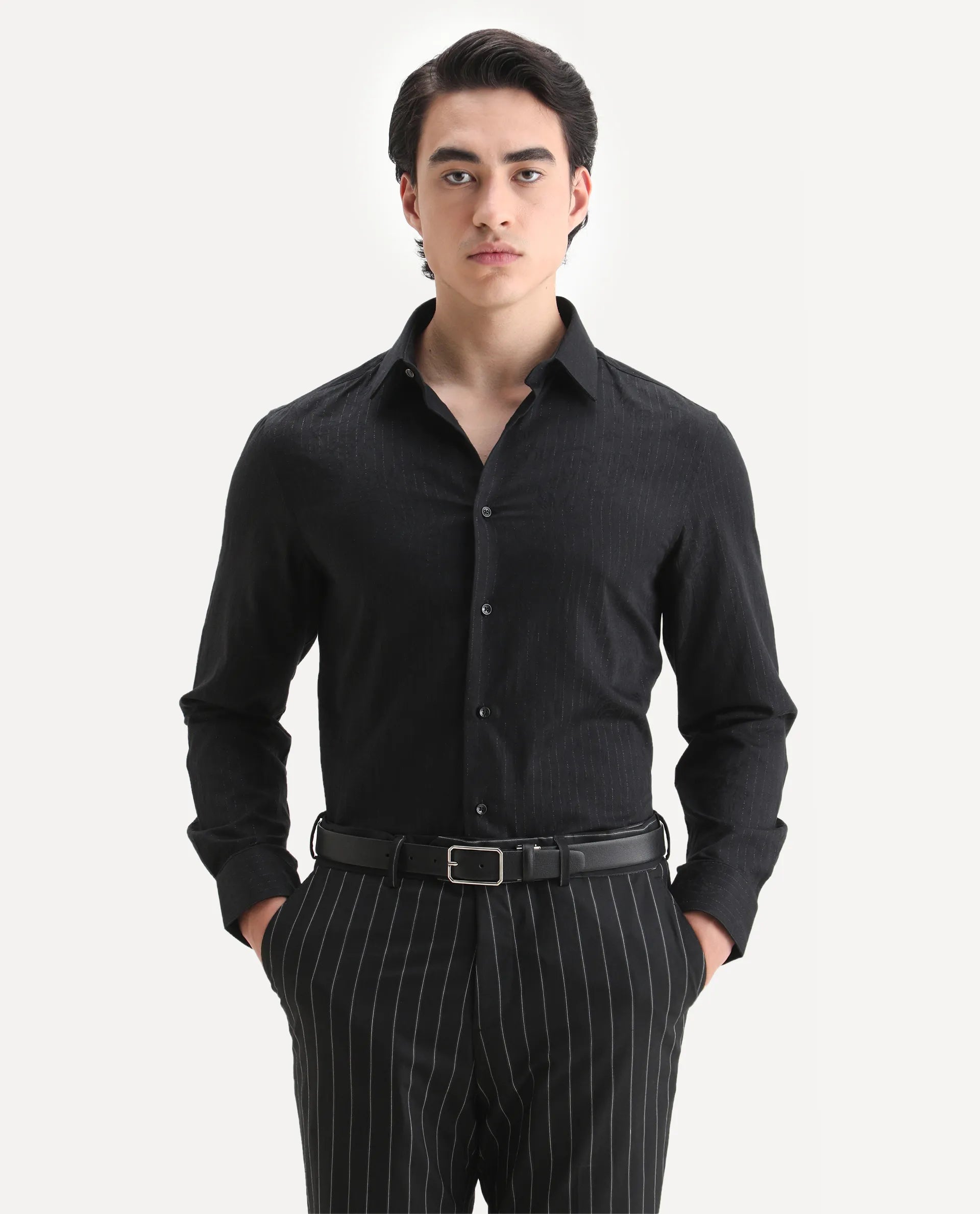 Rare Rabbit Men's Krud Black Cotton Blend Fabric Spread Collar Regular Fit Striped Shirt