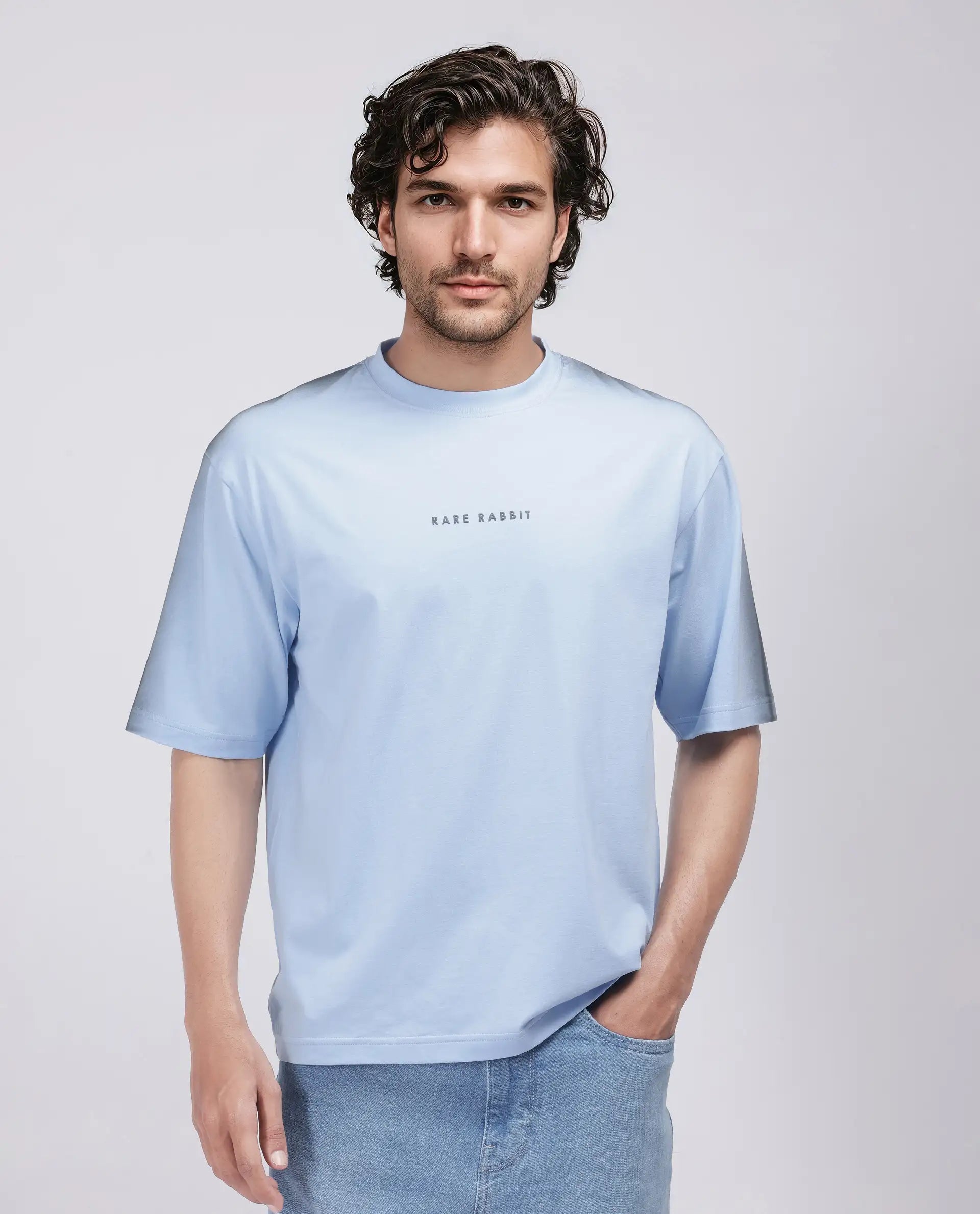 Rare Rabbit Men's Kruv Blue Cotton Fabric Half Sleeve Crew Neck Boxy Fit Printed T-Shirt