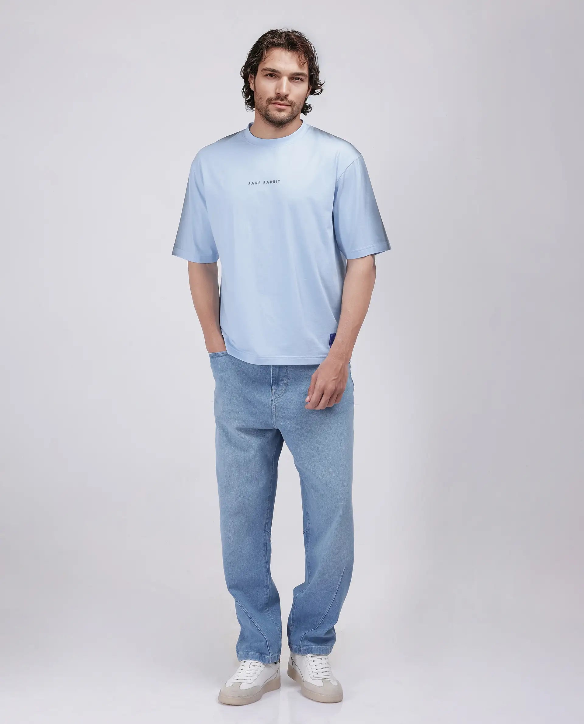 Rare Rabbit Men's Kruv Blue Cotton Fabric Half Sleeve Crew Neck Boxy Fit Printed T-Shirt