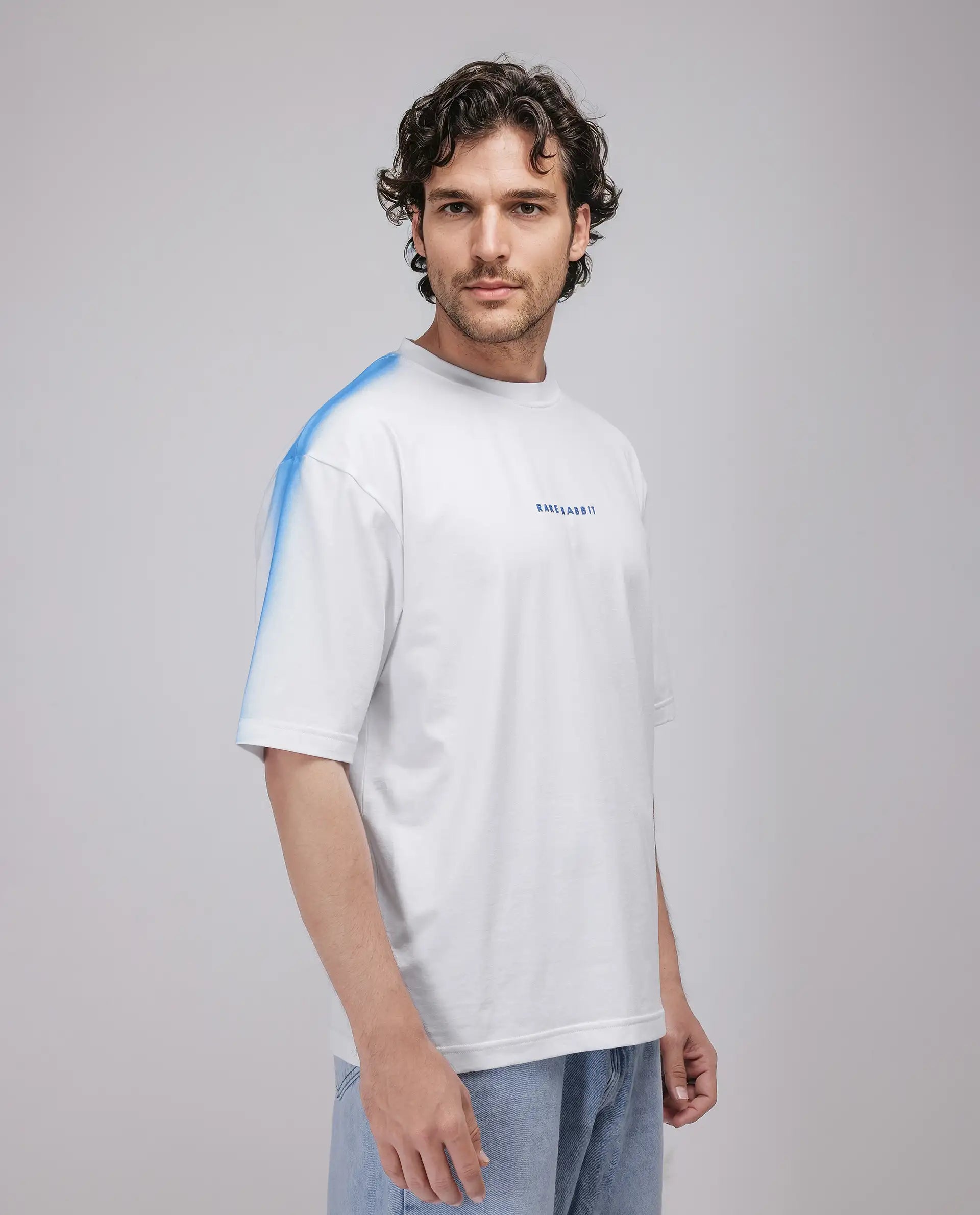 Rare Rabbit Men's Kruv White Cotton Fabric Half Sleeve Crew Neck Boxy Fit Printed T-Shirt