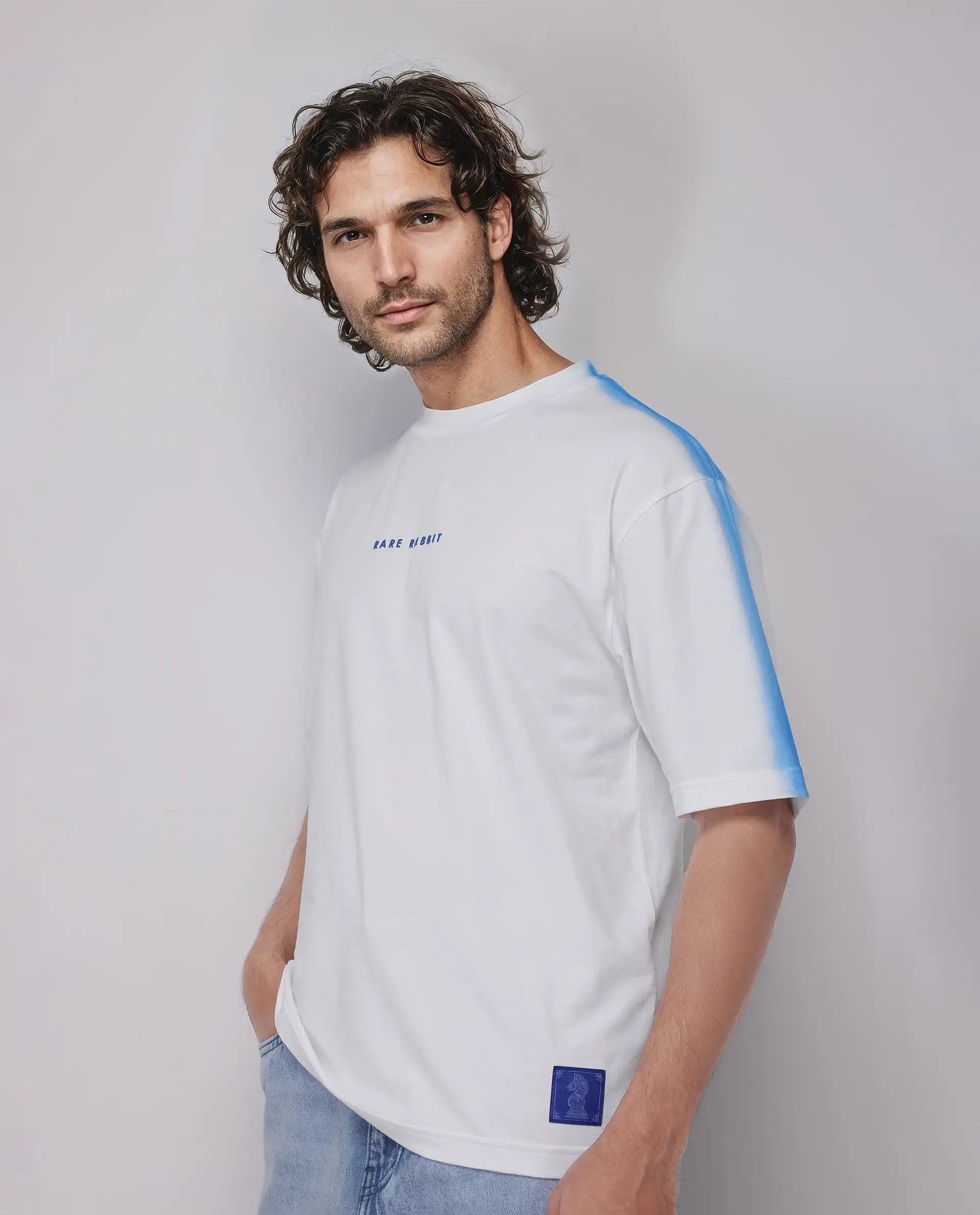 Rare Rabbit Men's Kruv White Cotton Fabric Half Sleeve Crew Neck Boxy Fit Printed T-Shirt