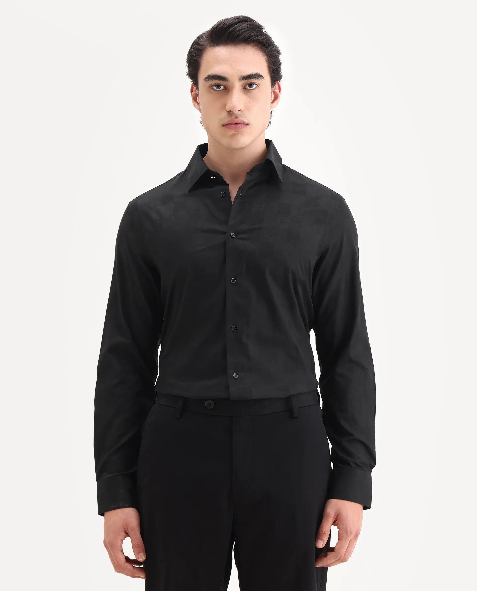 Rare Rabbit Men's Kufi Black Cotton Fabric Collared Neck Regular Fit Checks Shirt