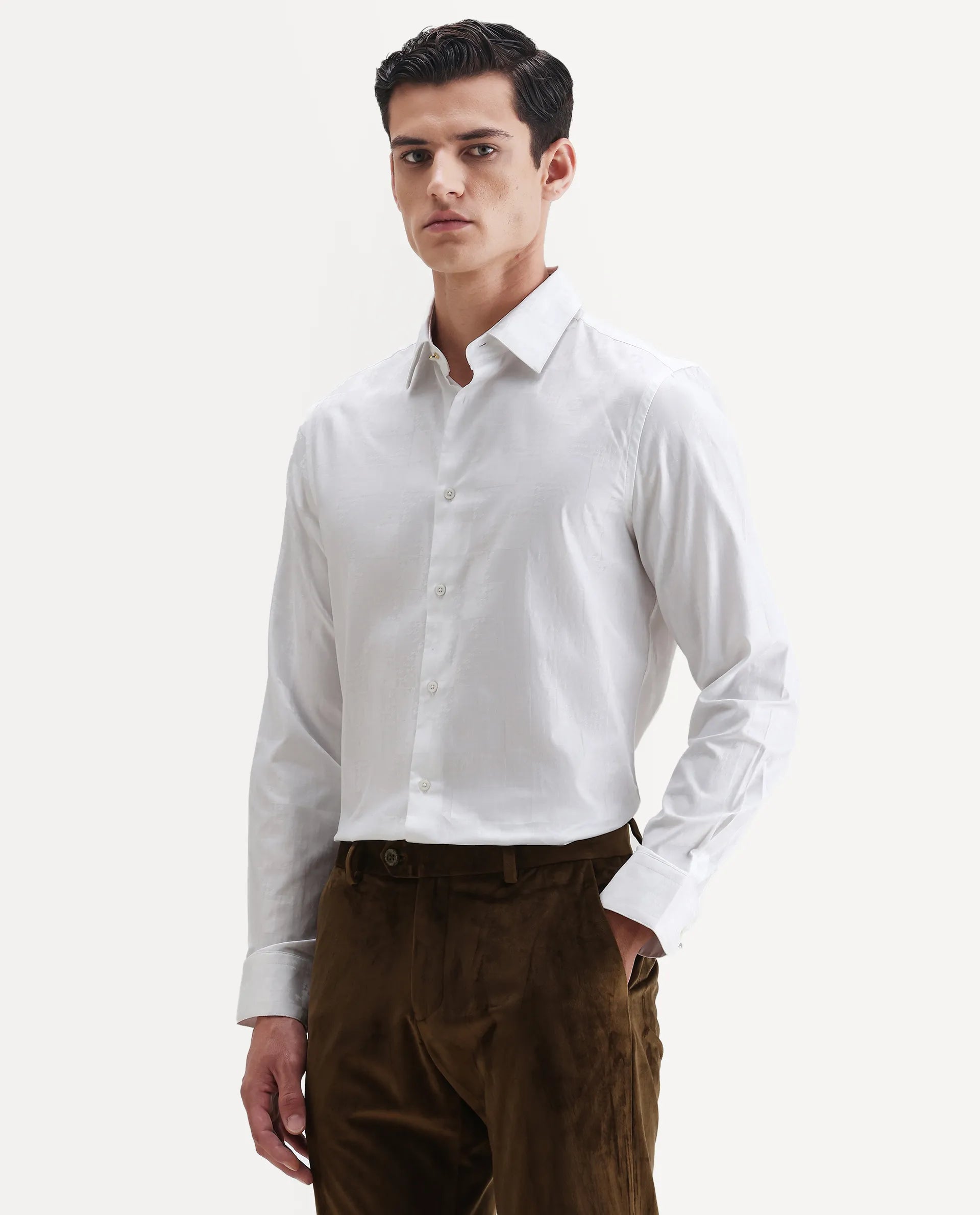 Rare Rabbit Men's Kufi White Cotton Fabric Collared Neck Regular Fit Checks Shirt