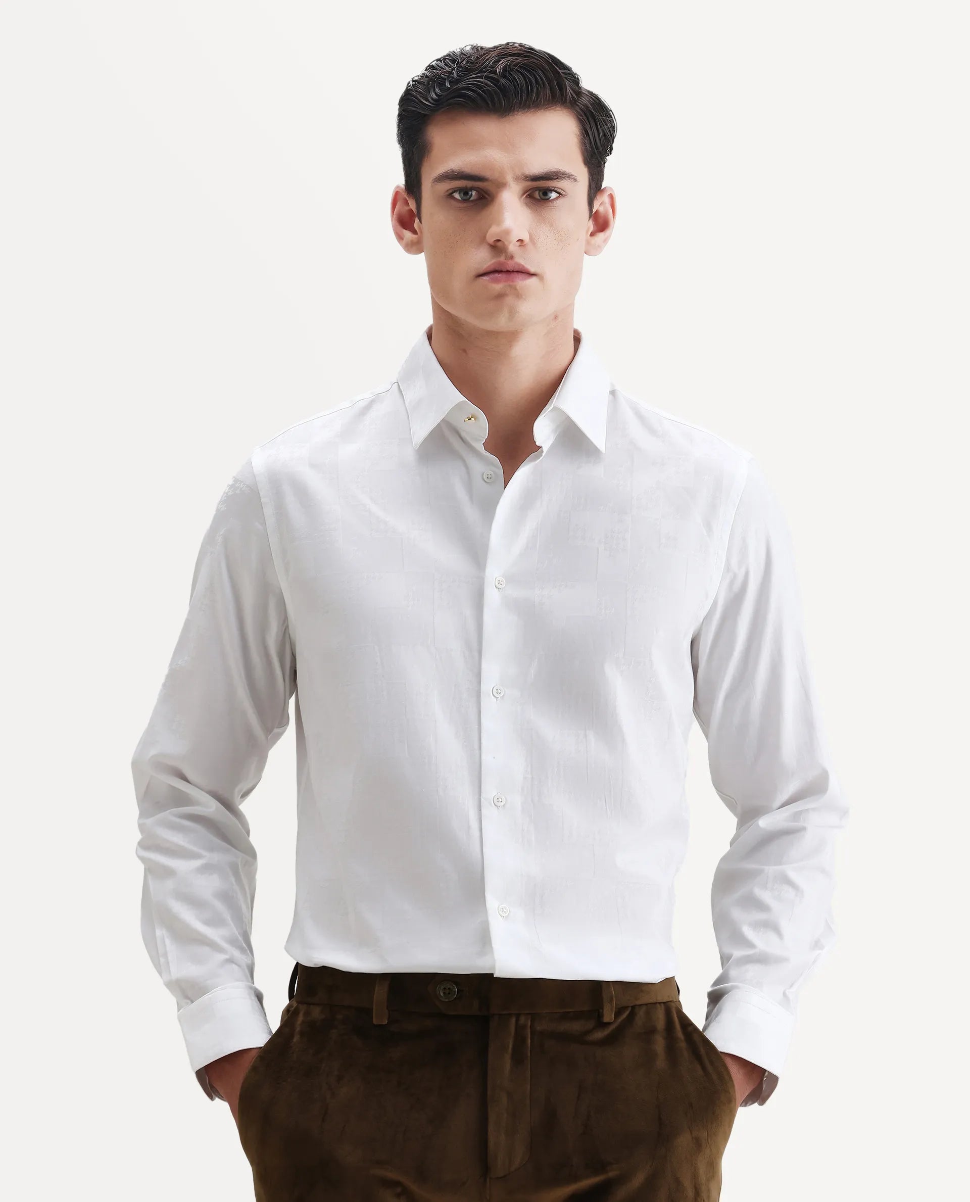 Rare Rabbit Men's Kufi White Cotton Fabric Collared Neck Regular Fit Checks Shirt
