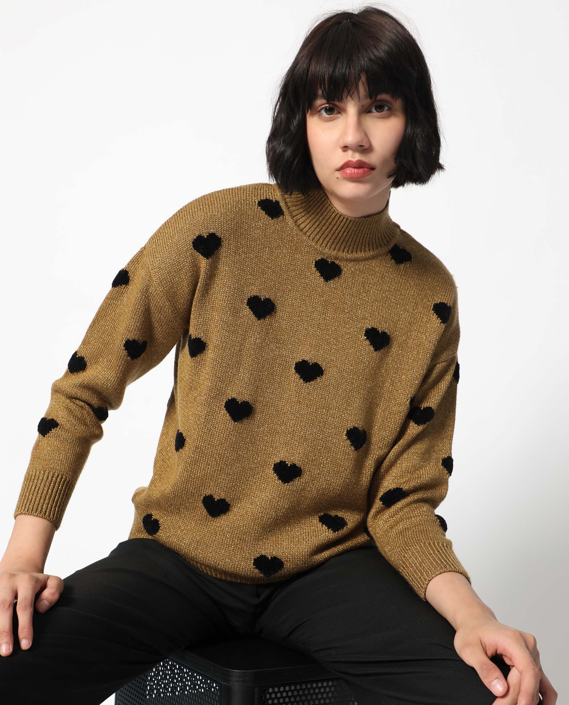 Rareism Women Kuhret Gold Acrylic Fabric Full Sleeves High Neck Regular Fit Geometric Print Sweater