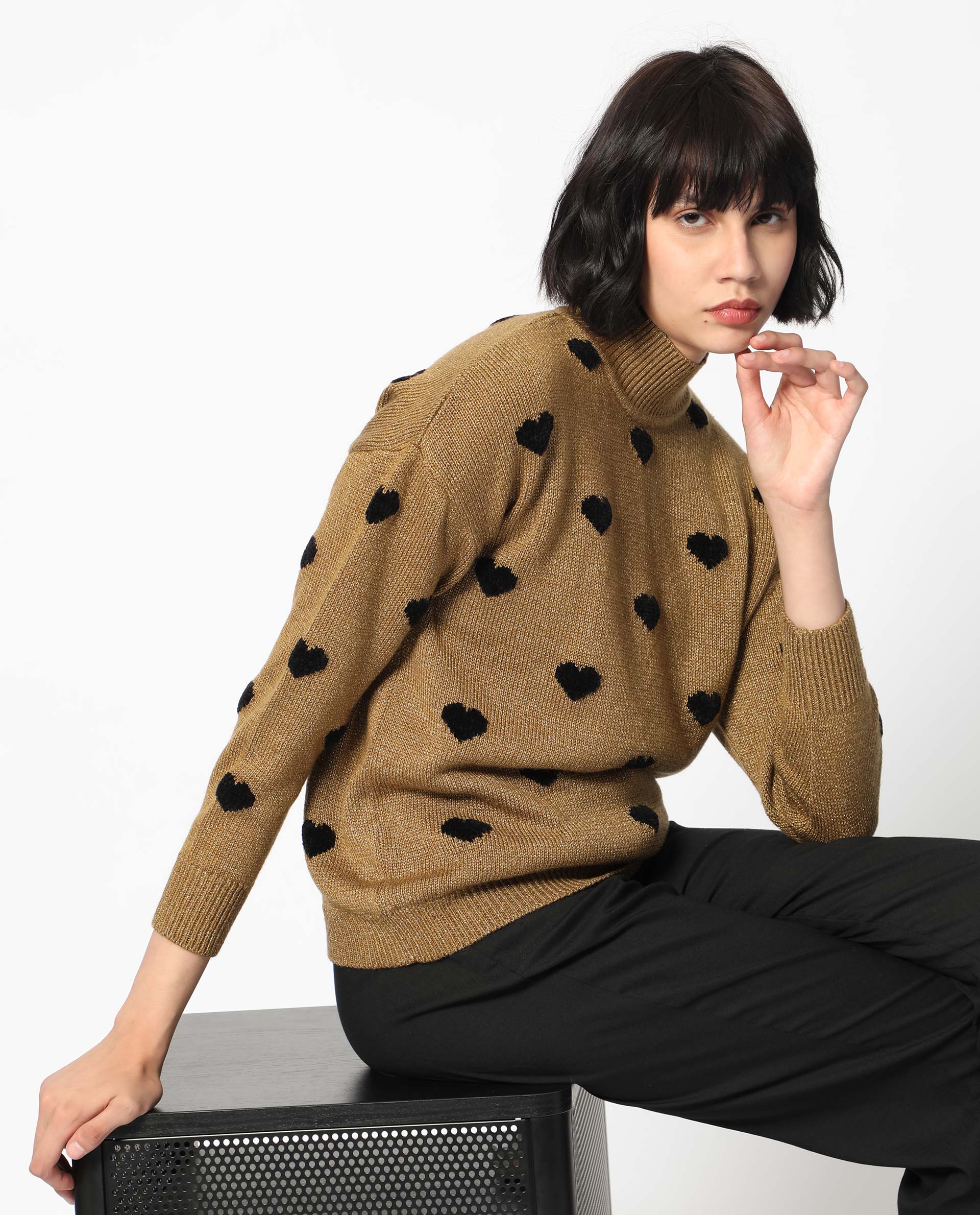 Rareism Women Kuhret Gold Acrylic Fabric Full Sleeves High Neck Regular Fit Geometric Print Sweater