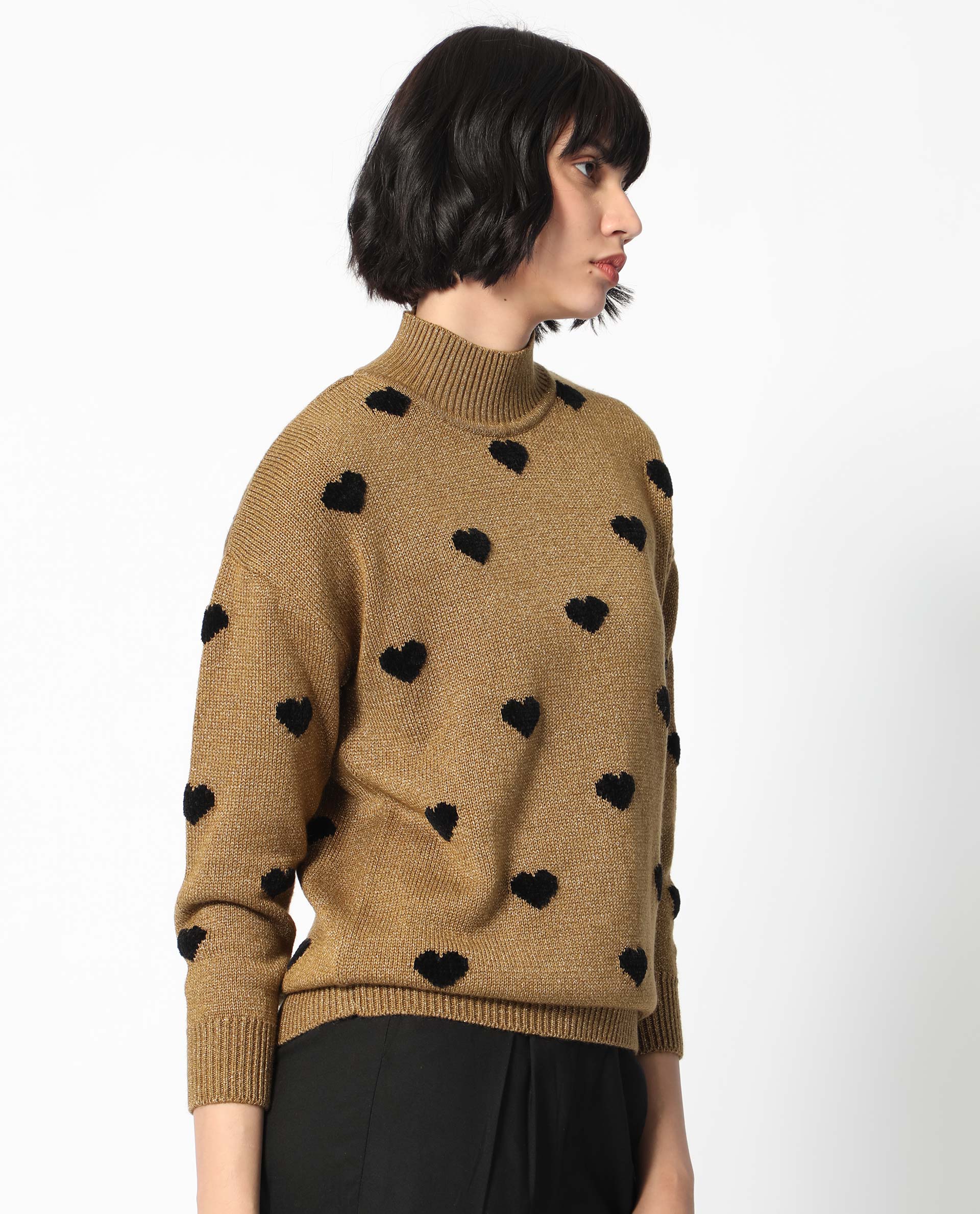 Rareism Women Kuhret Gold Acrylic Fabric Full Sleeves High Neck Regular Fit Geometric Print Sweater