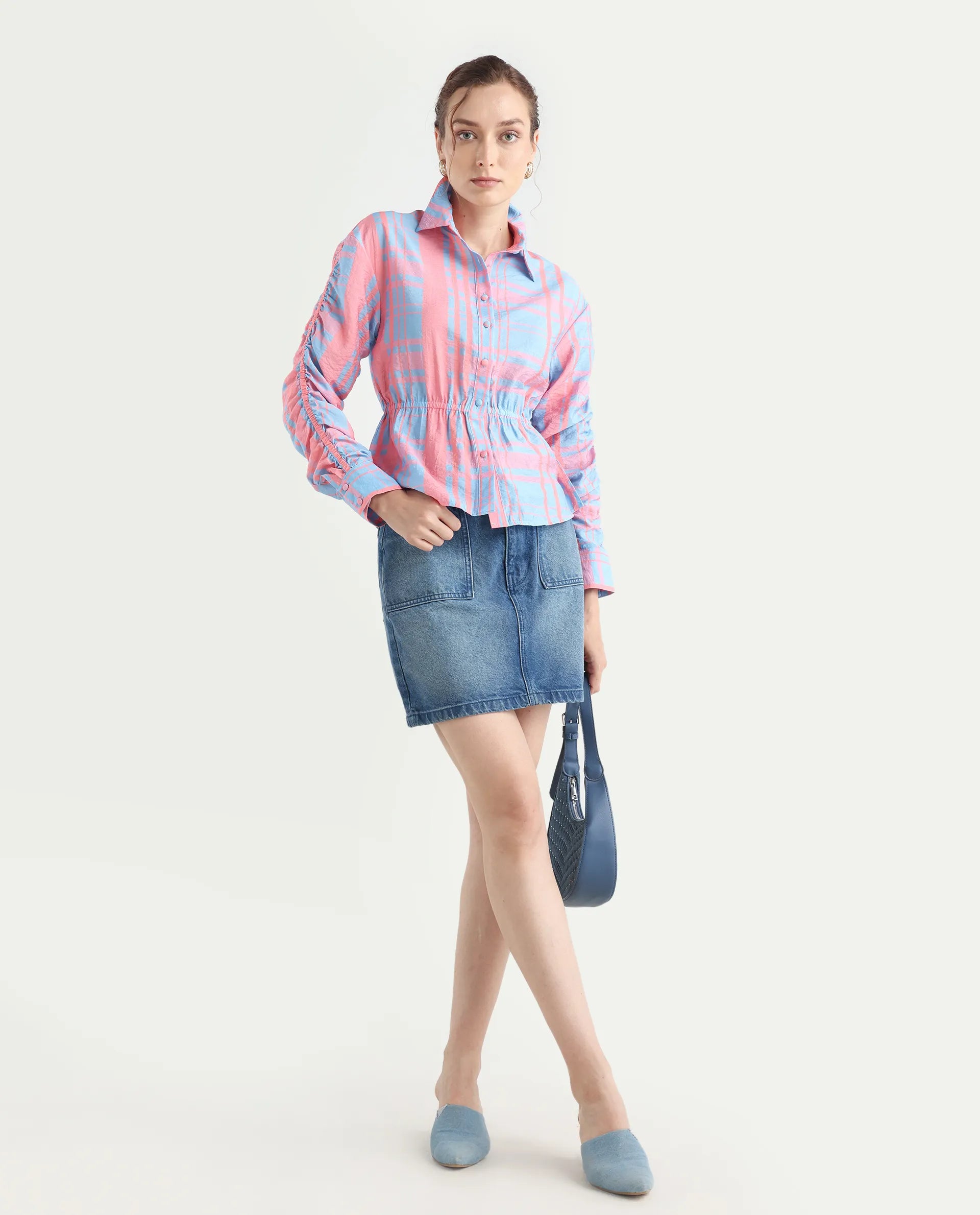 Rareism Women's Kulda Light Blue Nylon Blend Spread Collar Flannel Print Cuffed Sleeve Regular Fit Top