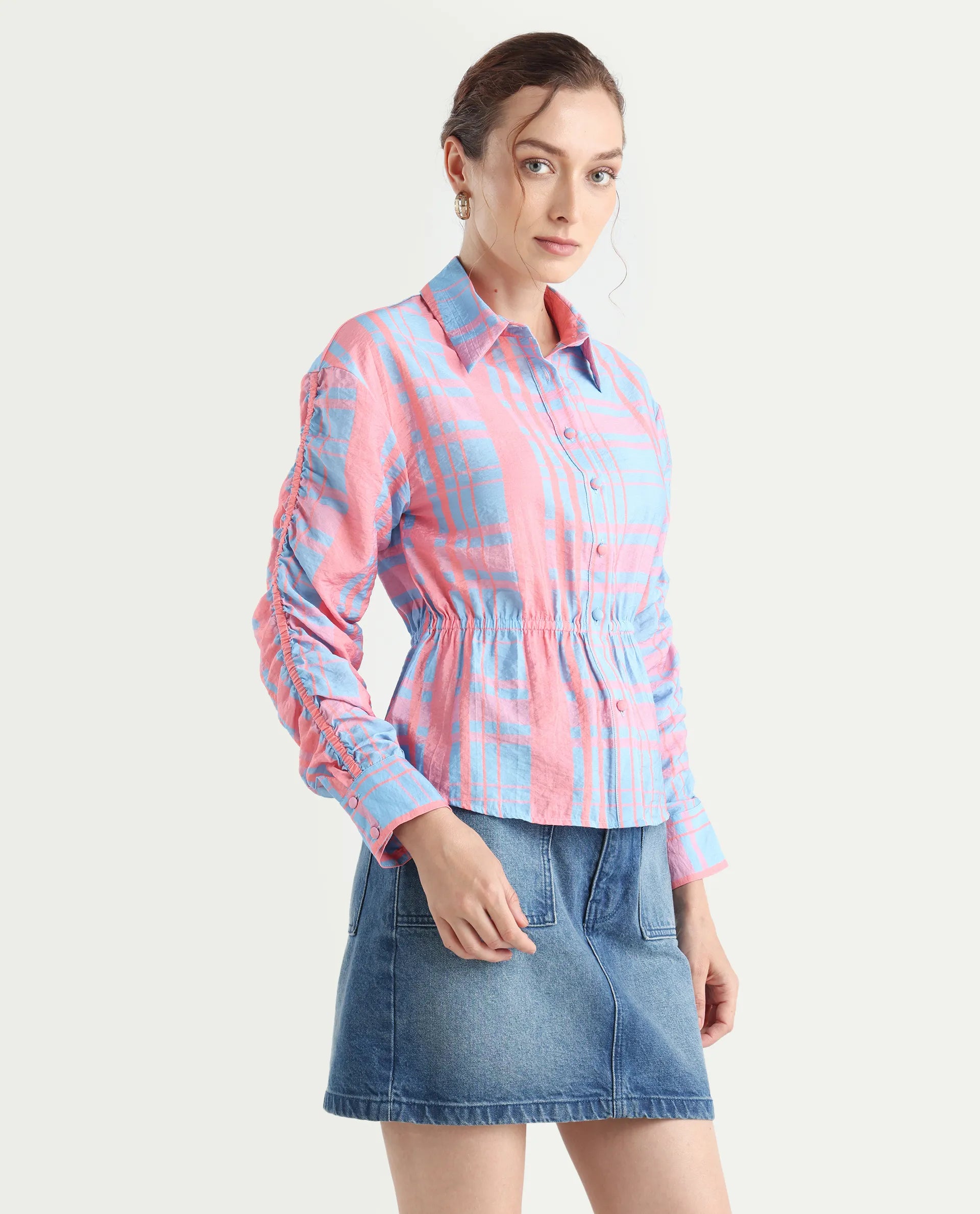 Rareism Women's Kulda Light Blue Nylon Blend Spread Collar Flannel Print Cuffed Sleeve Regular Fit Top