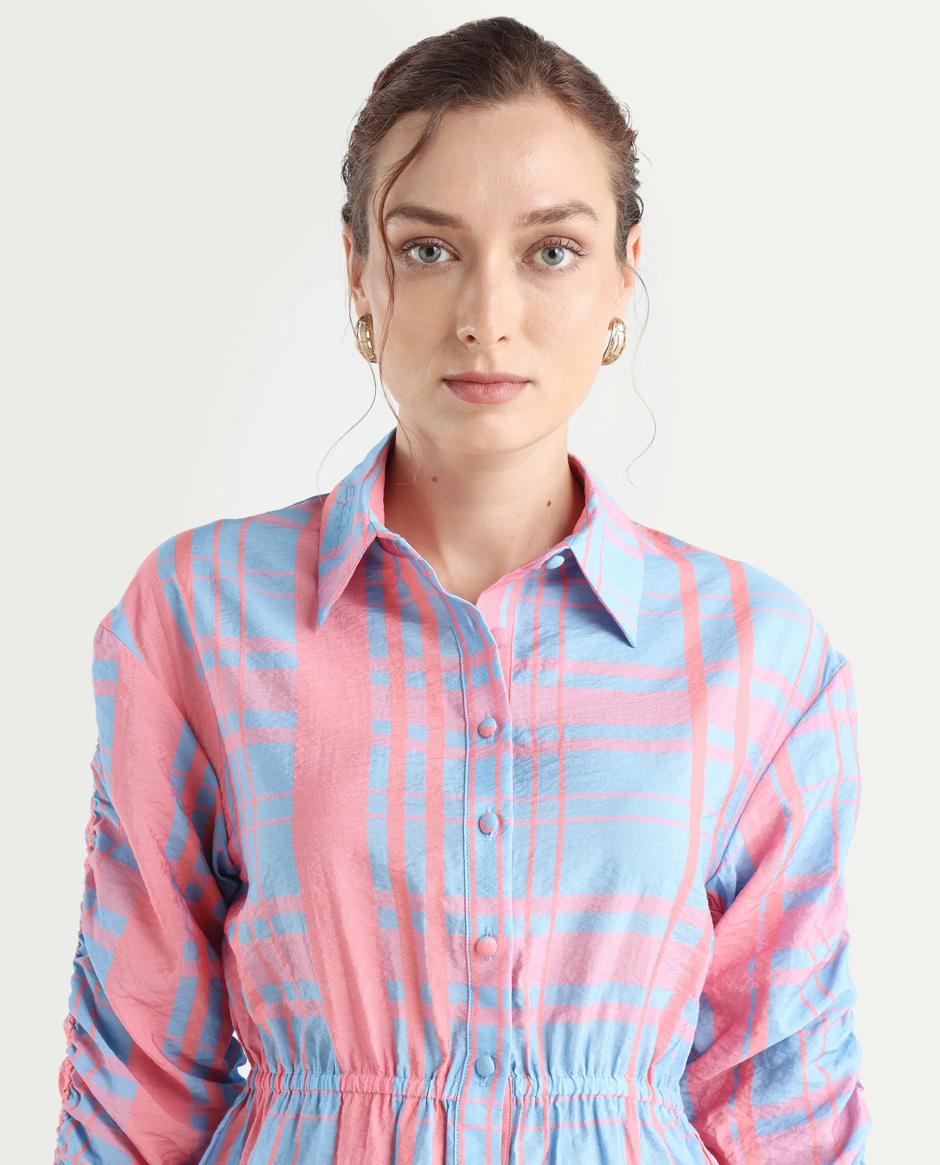 Rareism Women's Kulda Light Blue Nylon Blend Spread Collar Flannel Print Cuffed Sleeve Regular Fit Top