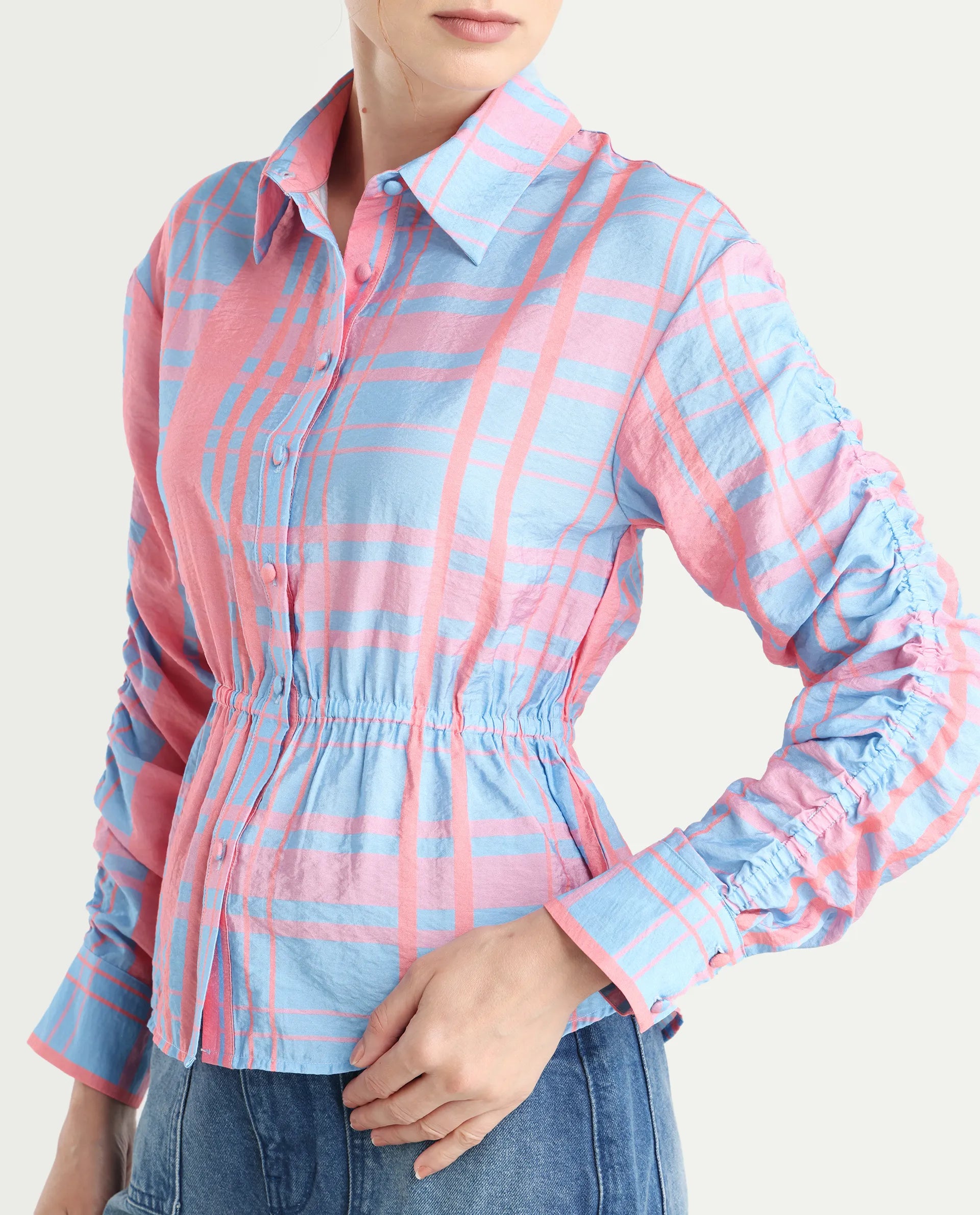 Rareism Women's Kulda Light Blue Nylon Blend Spread Collar Flannel Print Cuffed Sleeve Regular Fit Top