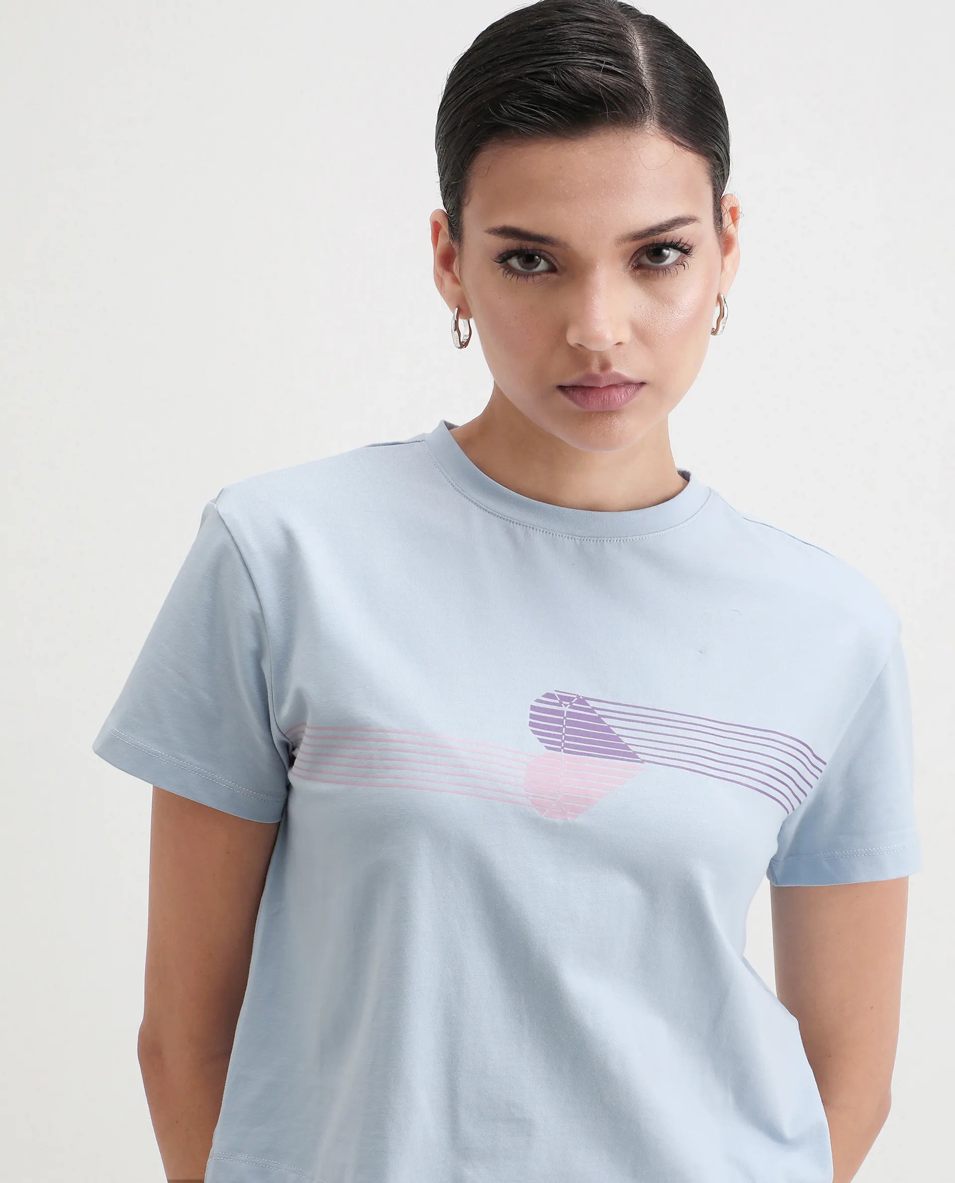 Rareism Women's Kuncro Light Blue Cotton Blend Crew Neck Graphic Print Crop Regular Fit T-Shirt