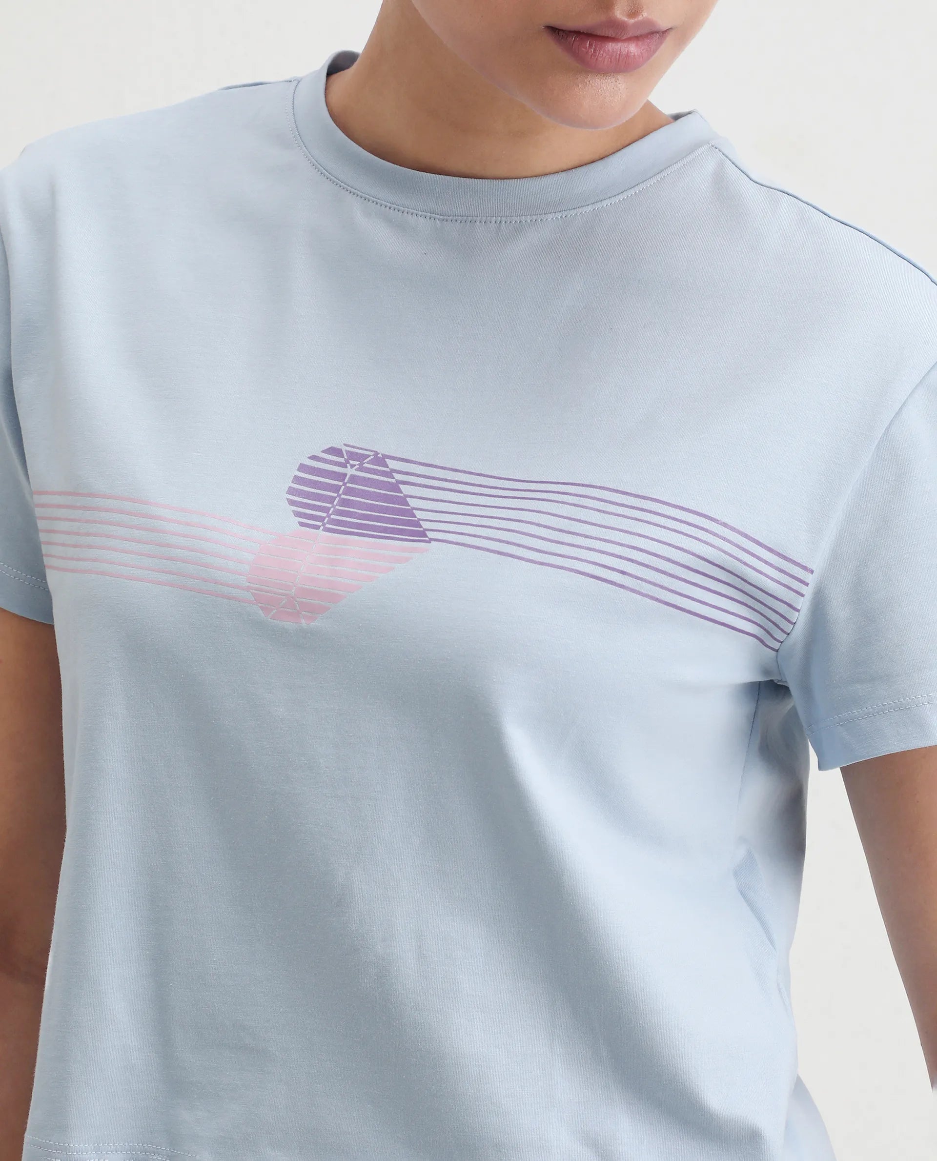 Rareism Women's Kuncro Light Blue Cotton Blend Crew Neck Graphic Print Crop Regular Fit T-Shirt