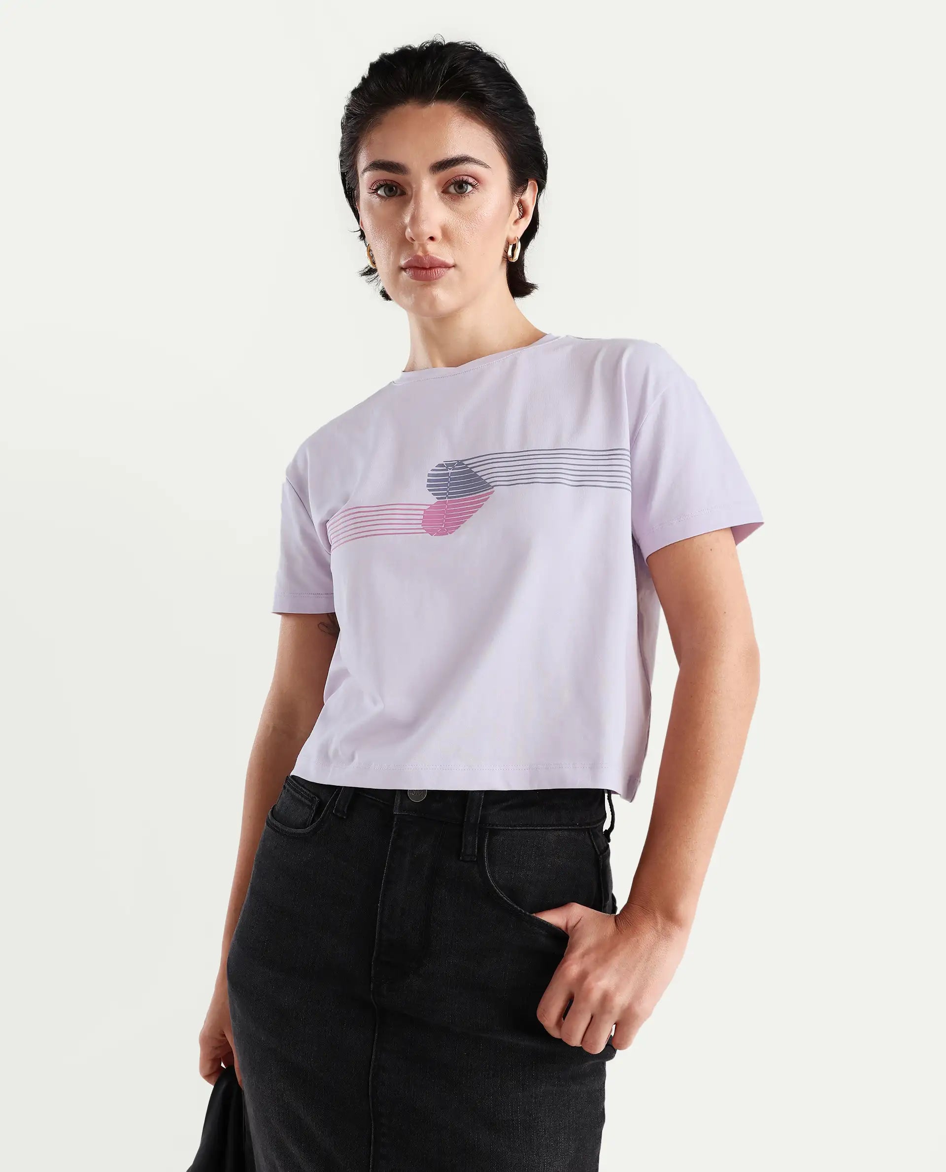Rareism Women's Kuncro Pastel Purple Cotton Blend Crew Neck Graphic Print Crop Regular Fit T-Shirt