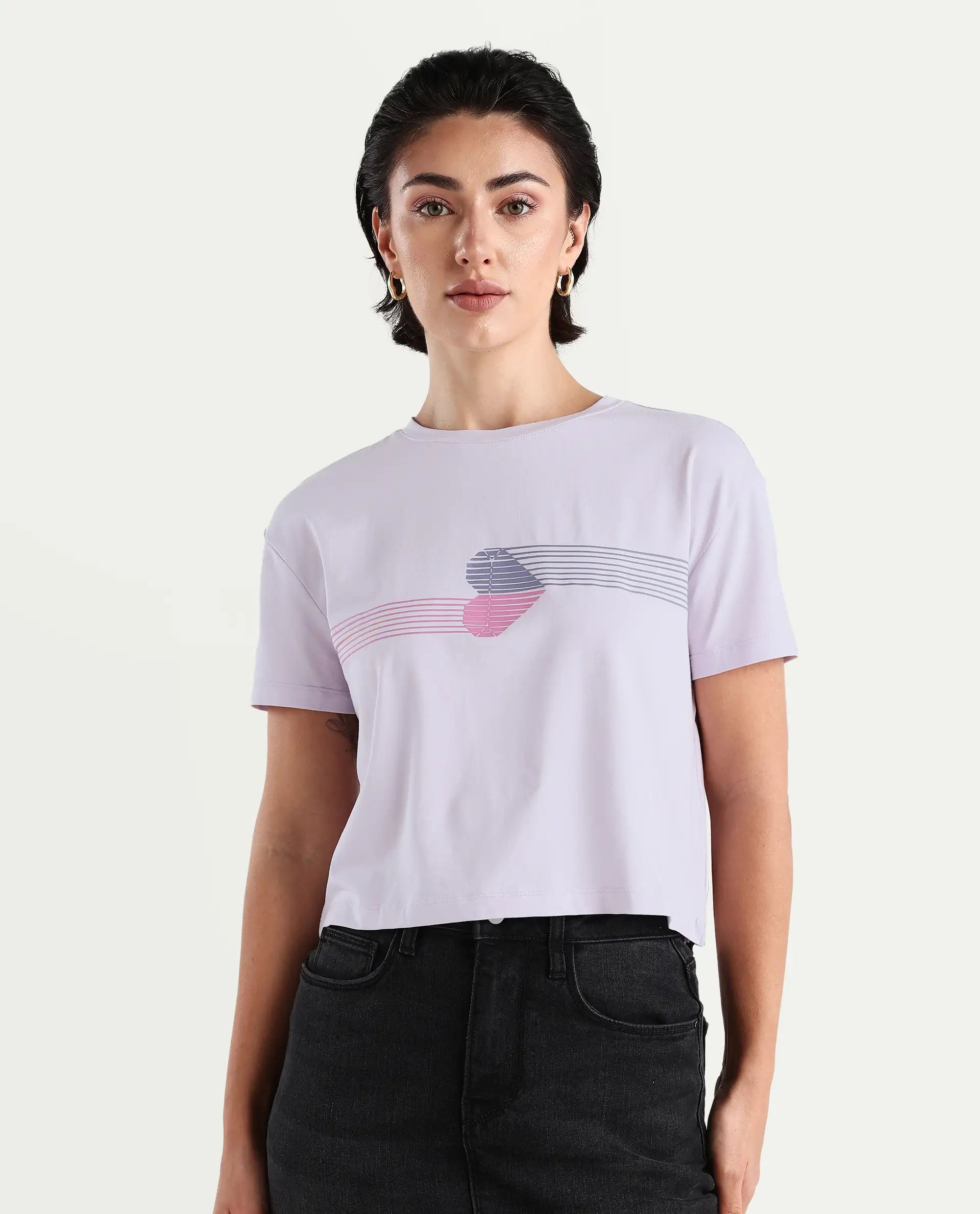 Rareism Women's Kuncro Pastel Purple Cotton Blend Crew Neck Graphic Print Crop Regular Fit T-Shirt