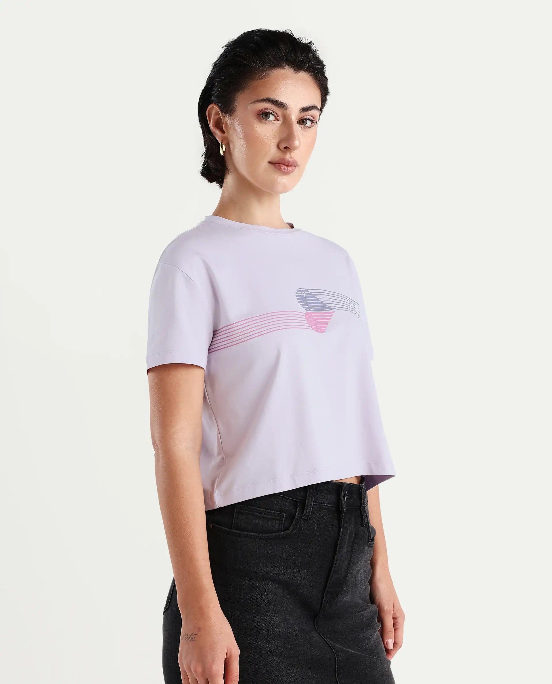 Rareism Women's Kuncro Pastel Purple Cotton Blend Crew Neck Graphic Print Crop Regular Fit T-Shirt