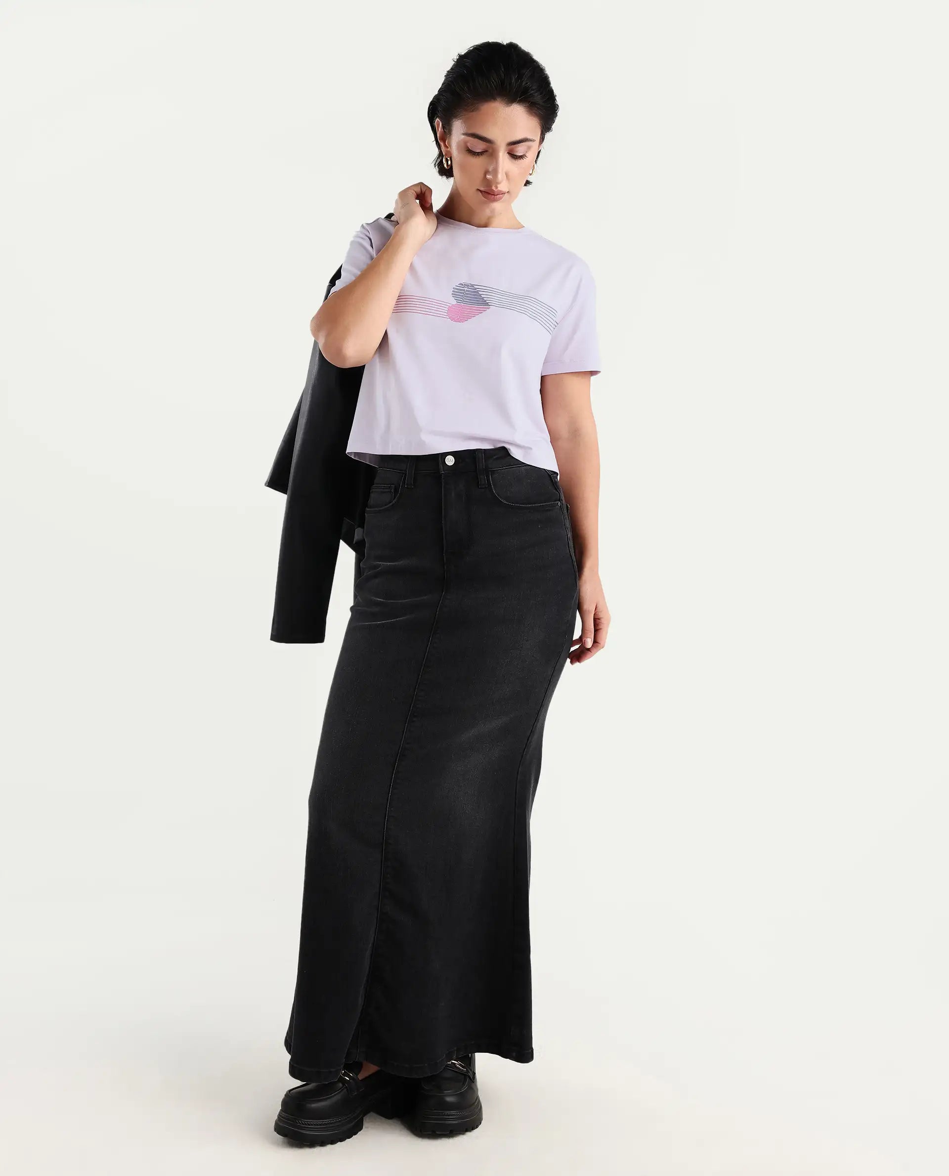 Rareism Women's Kuncro Pastel Purple Cotton Blend Crew Neck Graphic Print Crop Regular Fit T-Shirt